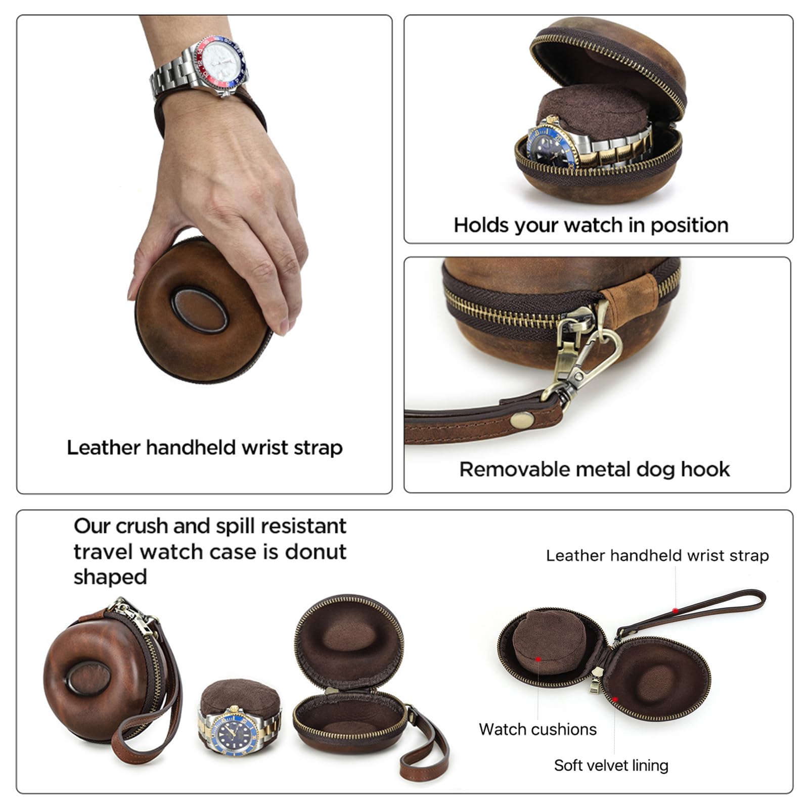 Hiram Étui Voyage Montre Cuir Véritable - Organiseur Portable 1 Montre Jusqu'à 54mm