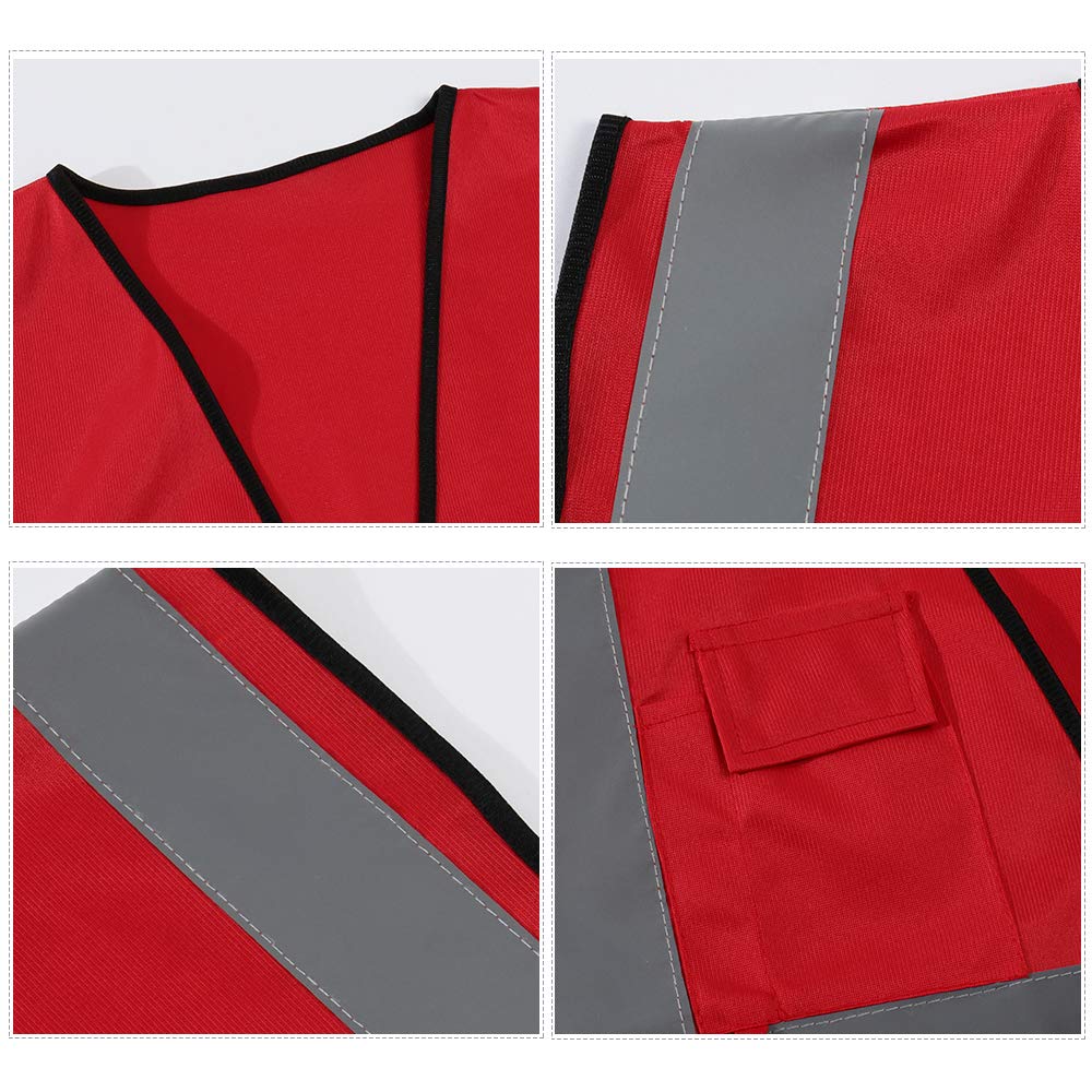 Paquete de 5 chalecos reflectantes de seguridad para mujeres y hombres, chaleco reflectante de alta visibilidad con 5 bolsillos rojo neón, Red, Talla única