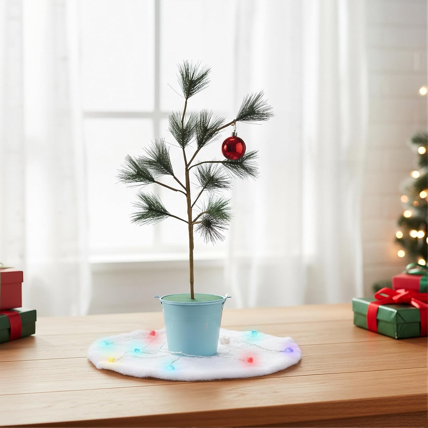 Bokon 24-inch Brown Christmas Tree Tabletop Christmas Tree Decor with Blue Iron Bucket Classic Red Balls Colorful Lights Snow Cotton Xmas Spirit Minimalist Style Cute for Party Gifts