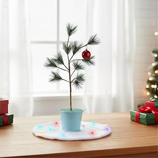 Bokon 24-inch Brown Christmas Tree Tabletop Christmas Tree Decor with Blue Iron Bucket Classic Red Balls Colorful Lights Snow Cotton Xmas Spirit Minimalist Style Cute for Party Gifts