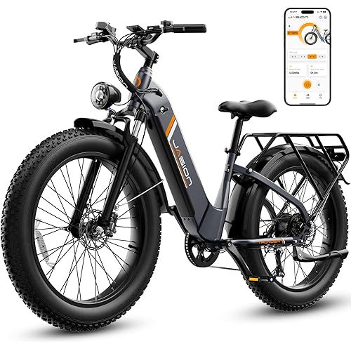 Jasion Thunder Electric Bike, 1500W Peak Motor, 30+MPH Max Speed & 80 Miles with 486Wh Removable Battery, APP Control Ebike for Adults, Hydraulic Brakes, Front Suspension, 26'' x 4'' Fat Tire Bicycles