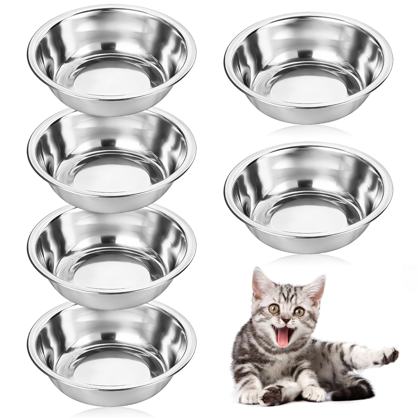 Juego de 6 cuencos de acero inoxidable para gatos, plato plano, ancho, apto para bigote para alimentos y agua, apto para lavavajillas, apto para perros pequeños y gatos en la casa