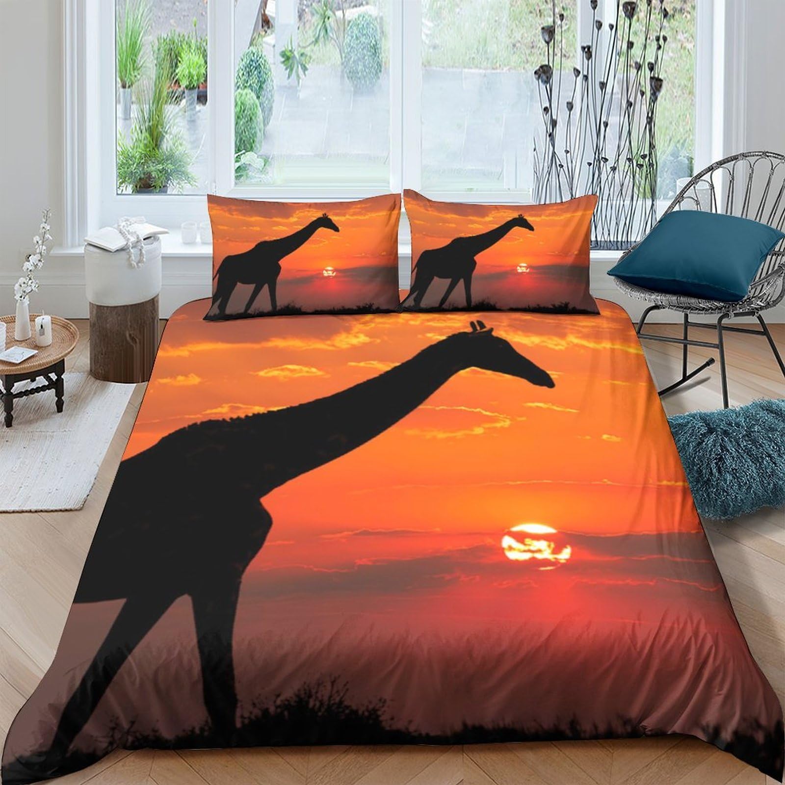 Ctjqhvkz Style-1 3D Printed Sunset Savanna Fitted Sheet Microfiber Giraffe Silhouette Mattress Cover For Bedroom Guest Room Decor Single（135X200cm）