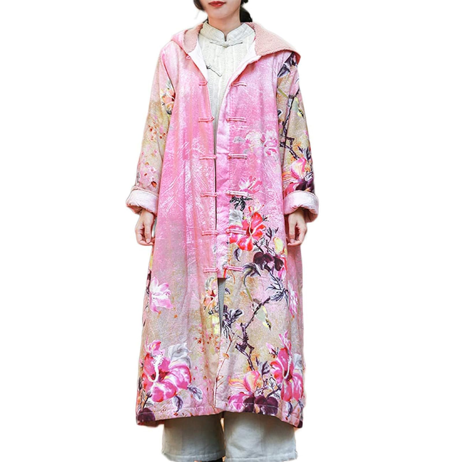 LUZU JUNU Women's Winter Hooded Long Outwear Floral Printed Jackets Windbreaker Vintage Frog Button Fleece Lined Overcoat