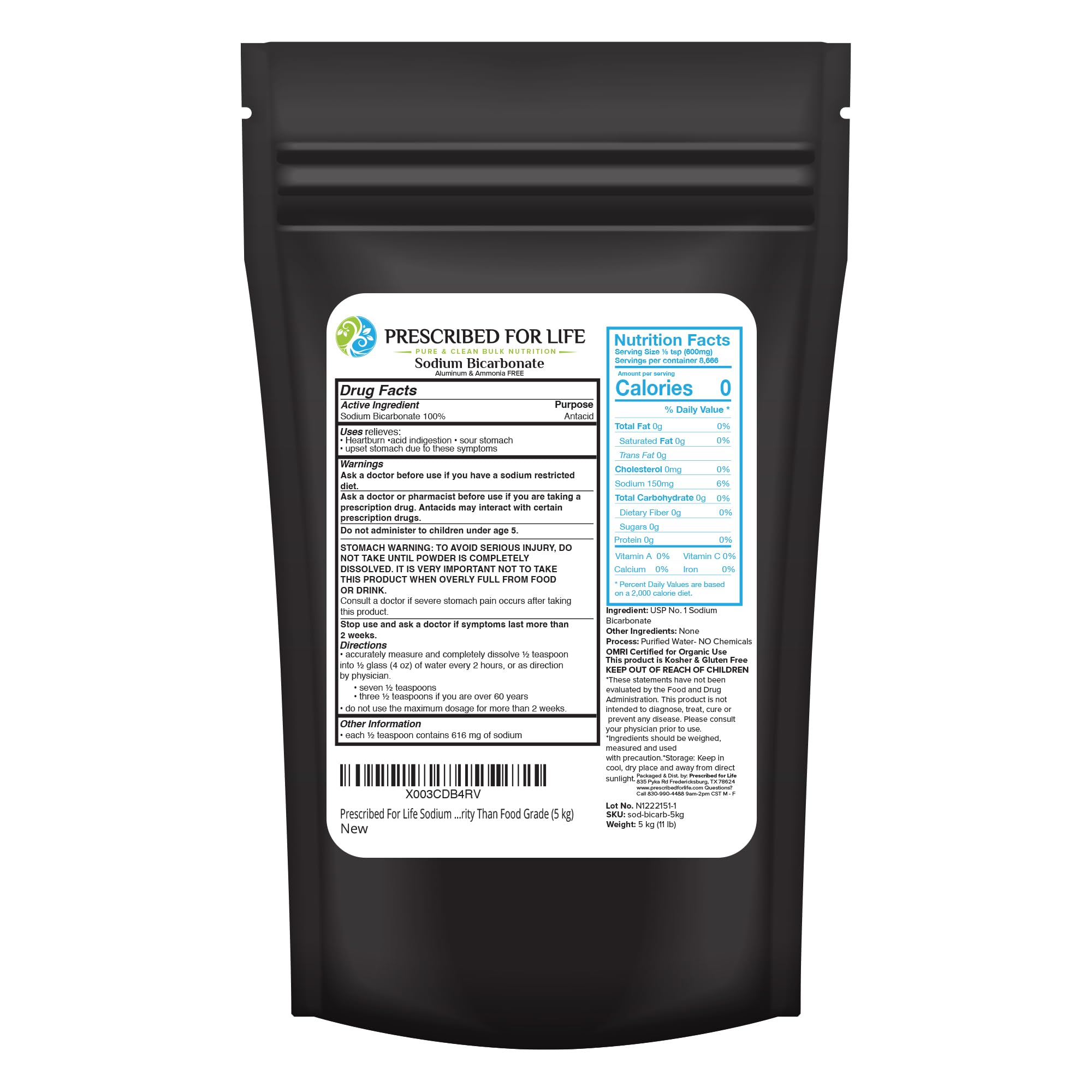 Prescribed For Life Sodium Bicarbonate Powder, Organic Aluminum Free Baking Soda, Bicarbonato de Sodio en Polvo, USP Grade (5kg / 11lb)