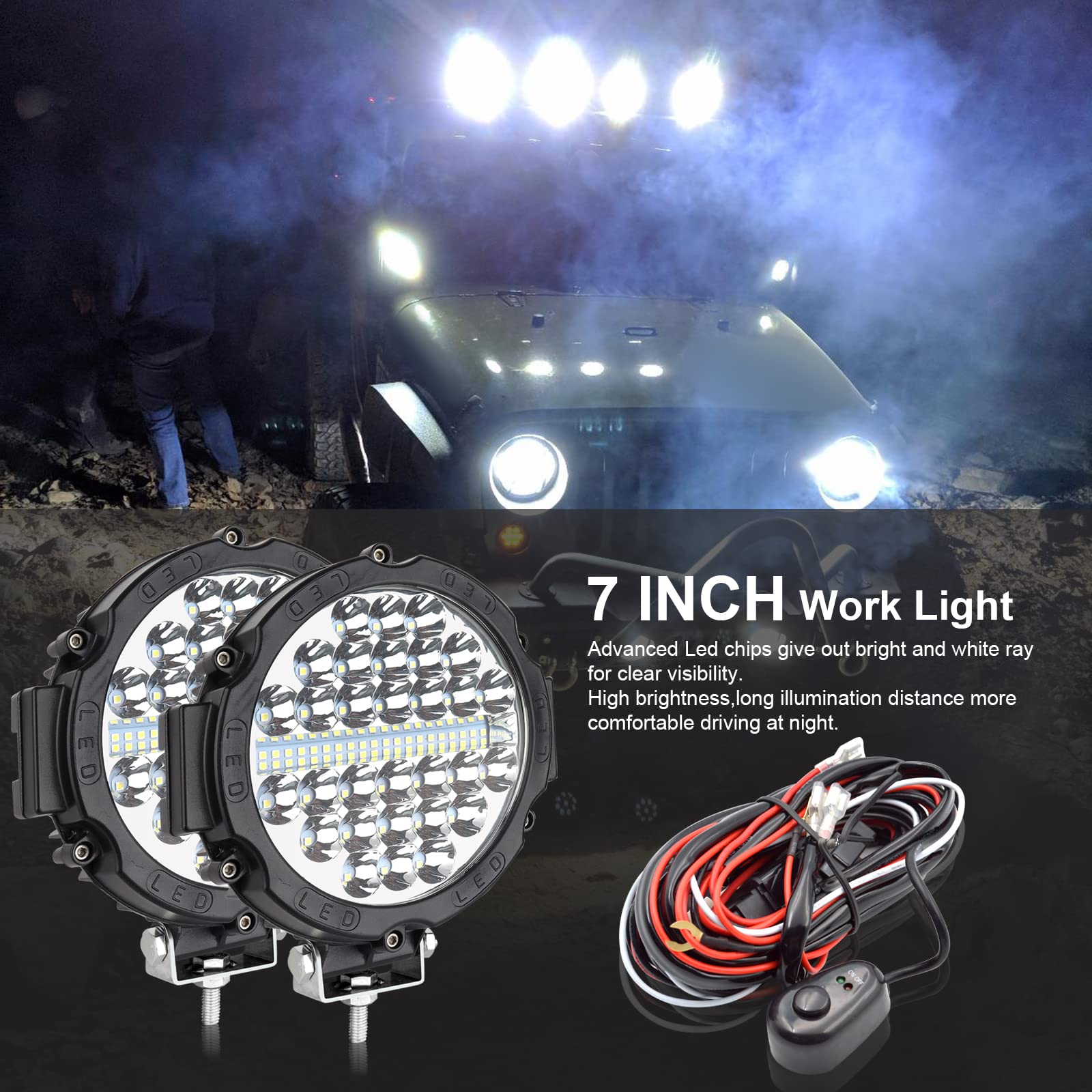 Safego Faro da Lavoro LED 7" 210W Faretto Faro con Cablaggio, Flood Spot Luci da Lavoro a LED 12V 24V, Proiettore Fendinebbia Luci Off Road IP67 6000K Bianco, per Offroad Auto Moto 4WD ATV Camion