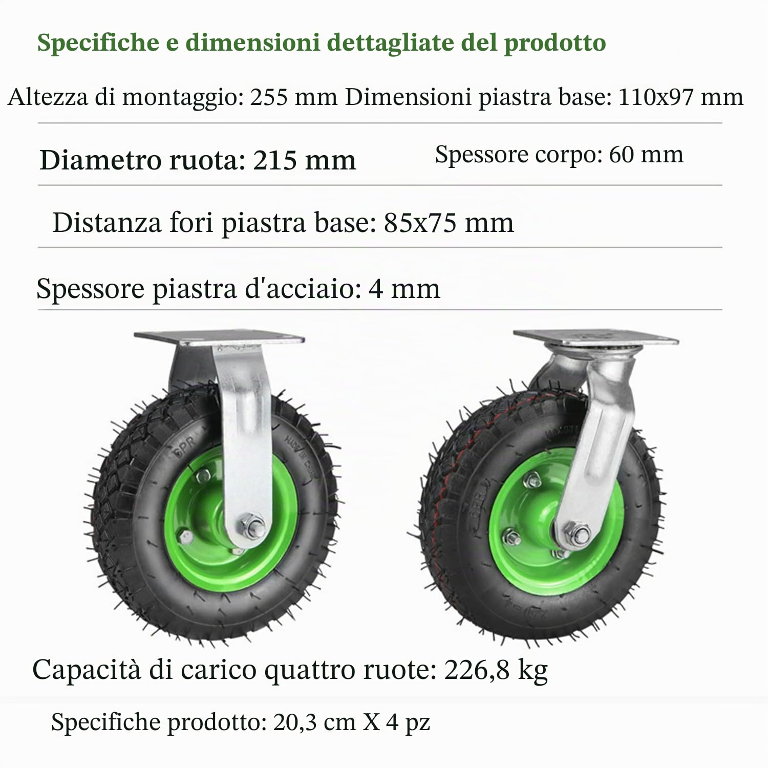Ruote Per Carrello Carichi Pesanti,215 mm Per Carichi Pesanti,Per Il Trasporto Pesanti,Set Di 4 Ruote Piroettanti,Capacità 1000kg,Adatte Per Carrelli e Trasportatori