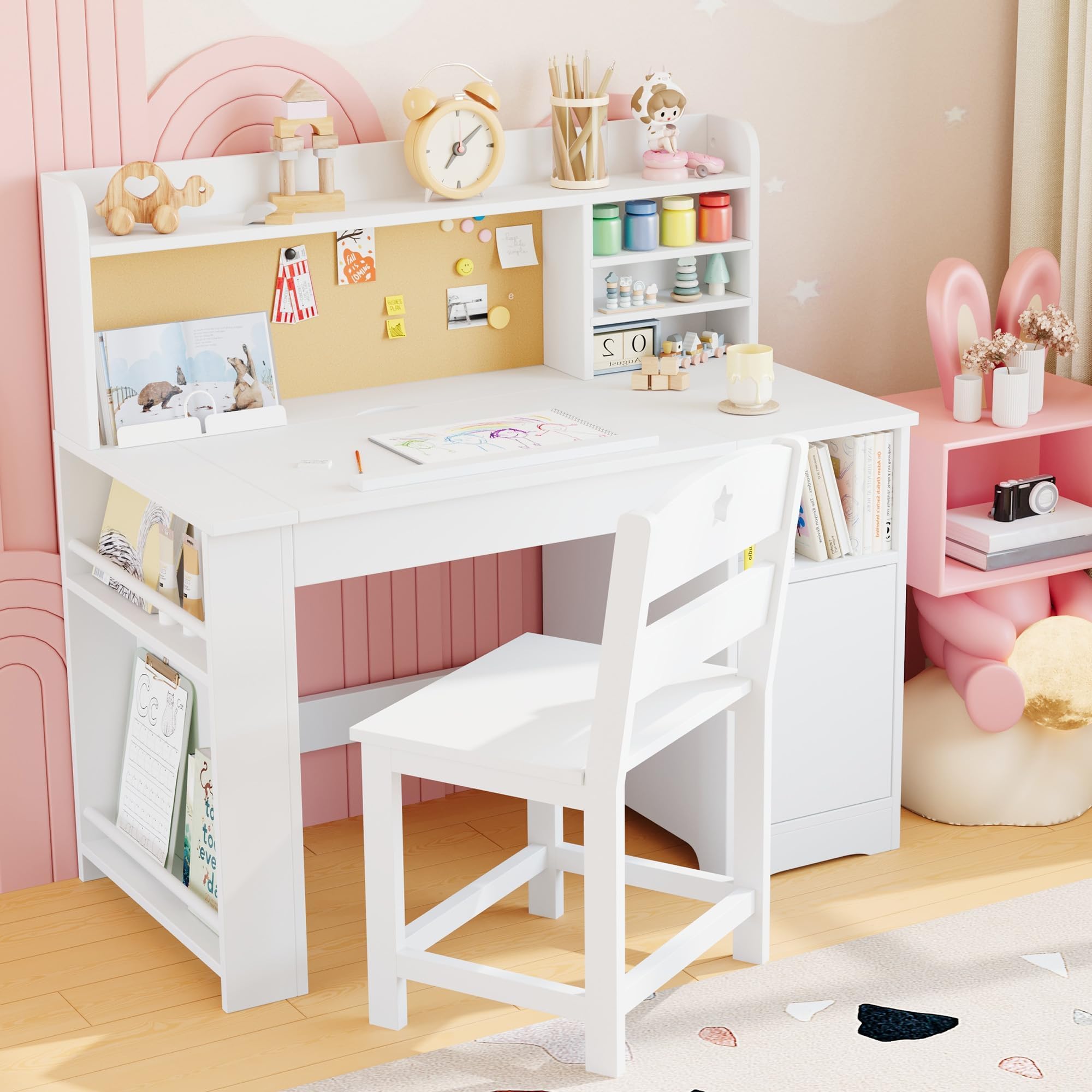 Garvee Kinderschreibtisch Set Mit Stuhl, Neigbarer Tischplatte, Bücherständer, Schrank Und Pinnwand, Ergonomischer Schülerschreibtisch Für Kinder Von 3-12 Jahren, Aus Holz