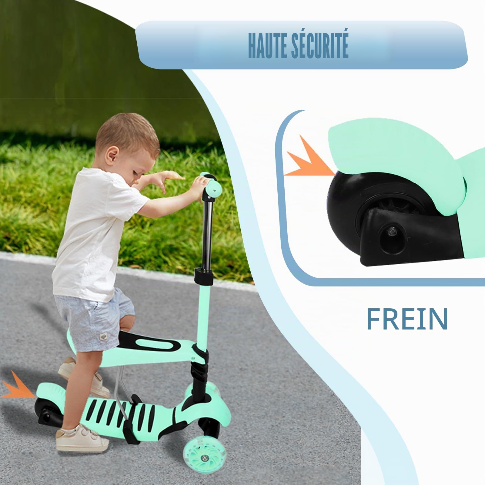 Trotinette Enfant 2-8 Ans 3 en 1 avec siège Amovible Trotteur évolutive Roues Lumineuses sans Pile Pliable