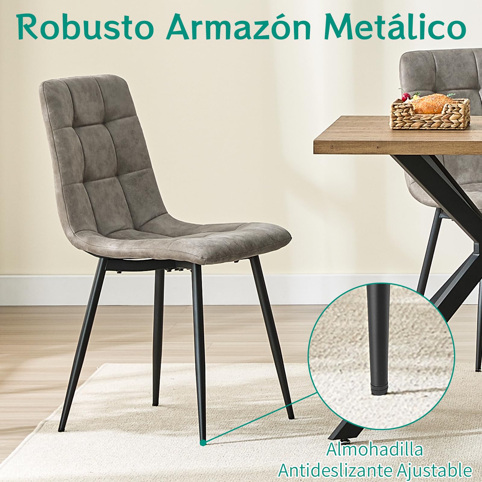 JIJIAN Pack de 4 Sillas de Comedor en Tejido Tecnológico, Caqui | Sillas de Cocina con Patas Metálicas Negras, Soportan hasta 120 kg, Sillas Tapizadas Modernas para Comedor, Salón y Cocina