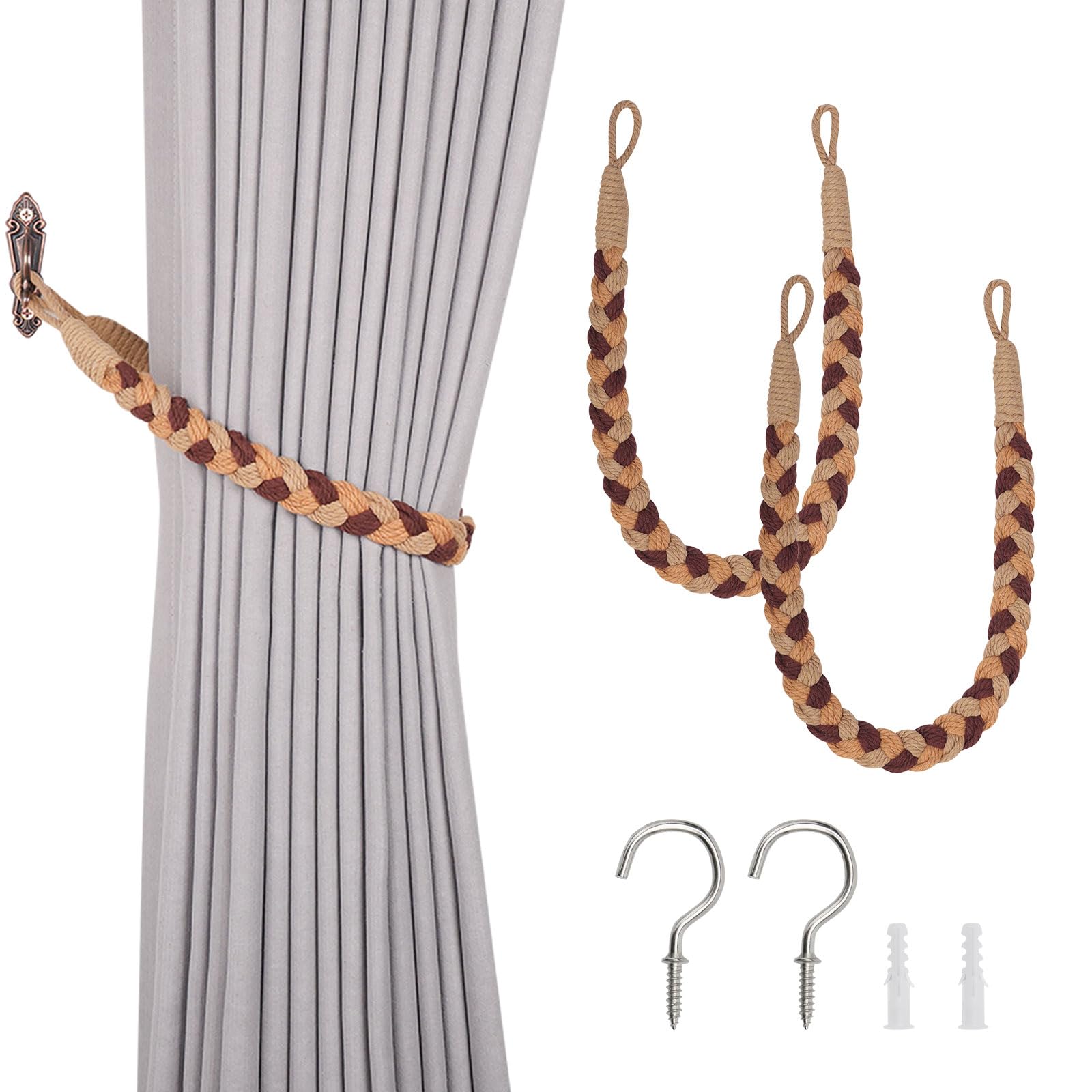Pretty Jolly 2 Pack Natural Cotton Rope Curtain Tiebacks Elegant Boho Style Decorative Drape Tie Backs Soft Hand-Woven Rope Curtain Holdbacks with Metal Hook for Home & Office Drapery (Gradient Brown)