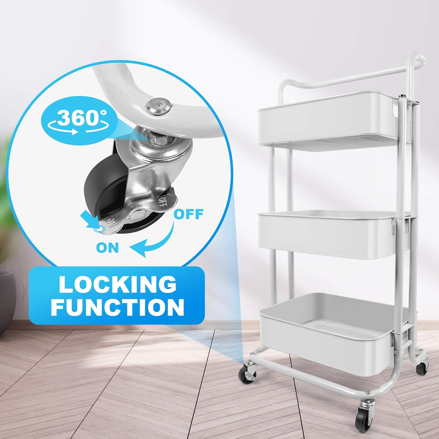 Homchwell 3 Tier Metal Utility Rolling Cart with Lockable Wheels, Multifunction Movable Storage Shelves Organizer Cart with Handle and Mesh Basket for Kitchen, Coffee Bar,Bathroom, Office : Office Products
