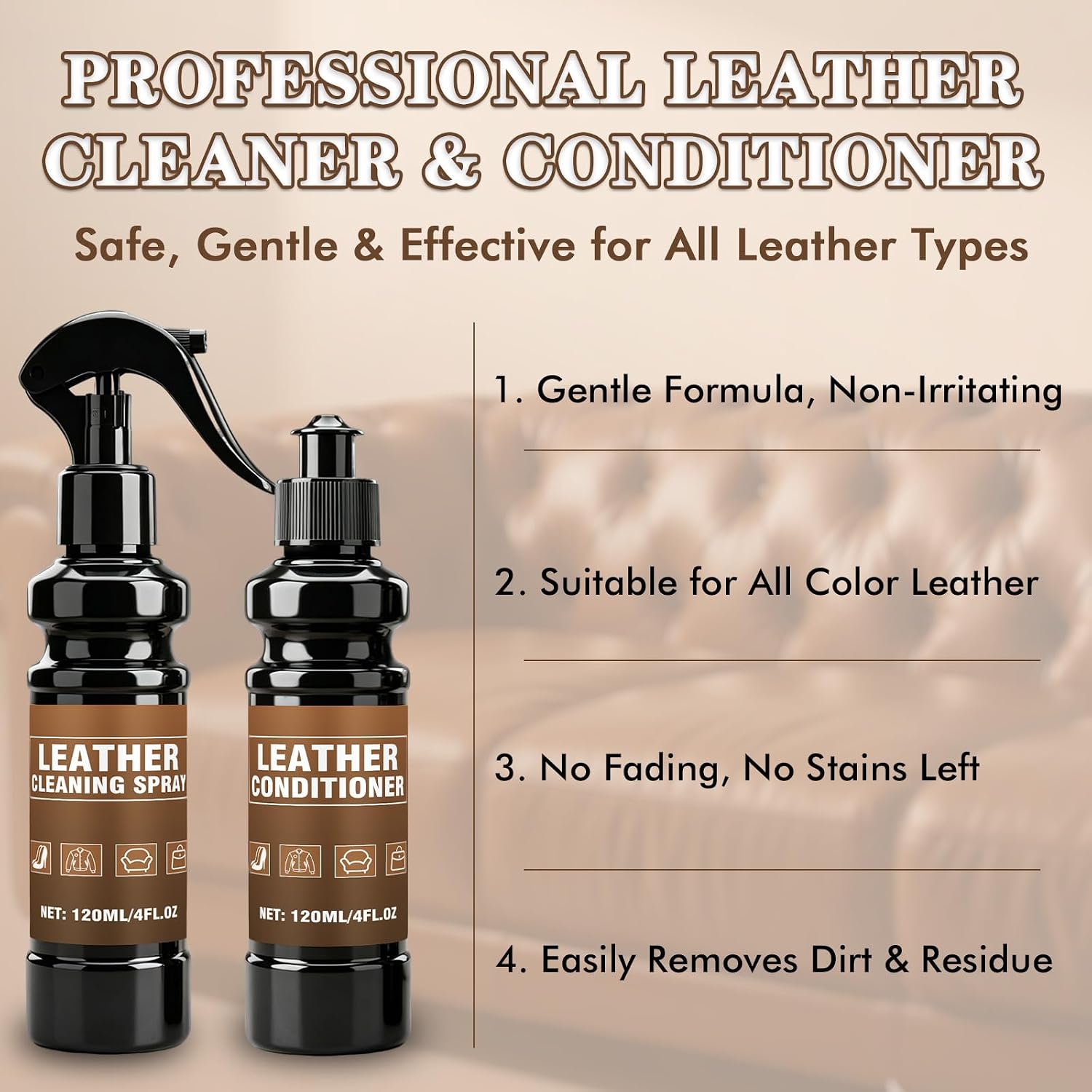 Leather Cleaner & Conditioner Kit - 4pc Set with 4oz Cleaner, 4oz Conditioner, Cloth & Sponge - For Bags, Purses, Furniture and Car Interiors