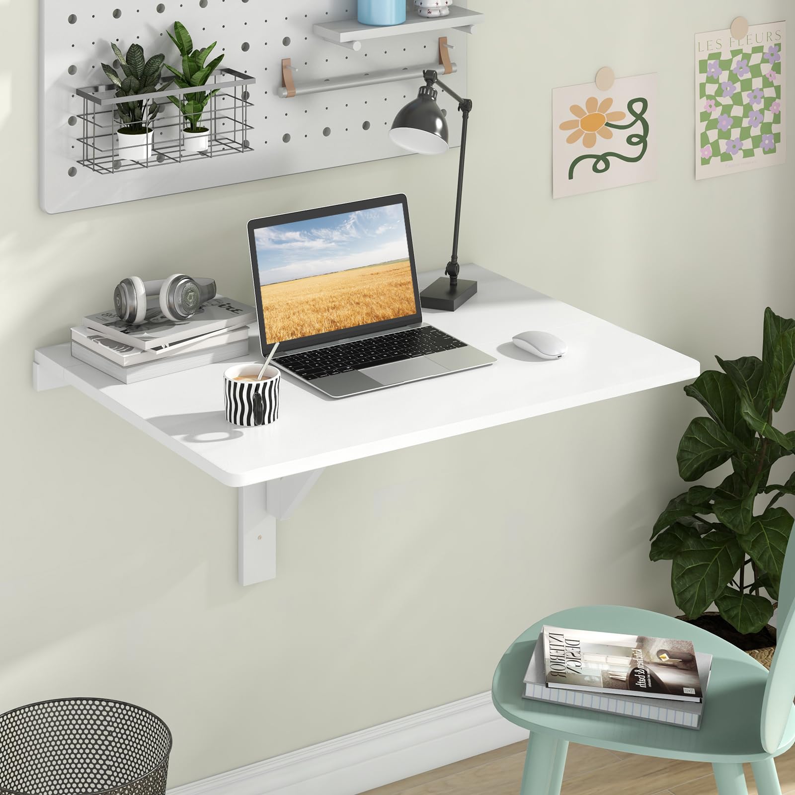GYMAX Tavolo a Parete Pieghevole Galleggiante, Scrivania a Scomparsa per Spazi Ridotti Salvaspazio, per Ufficio Domestico, Sala da Pranzo, Studio, 80 x 60 x 45 cm (Bianco)