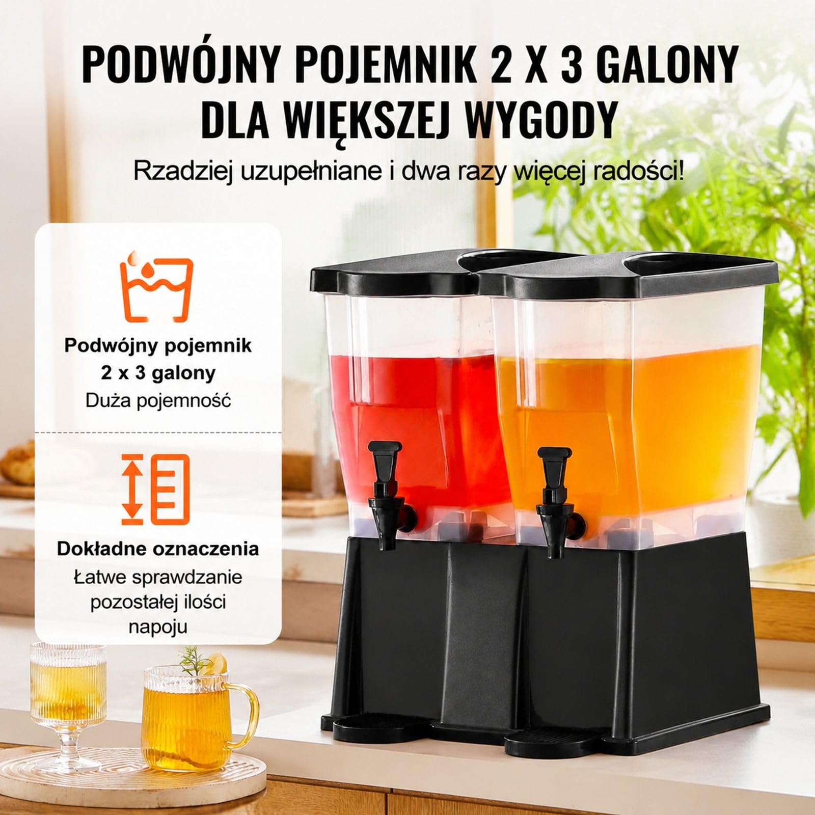 Zestaw 2 dystrybutorów napojów z PP, dozownik soku z kranikiem i stojącą pokrywką do herbaty mrożonej, lemoniady, soku i wody dla restauracji, hoteli i przyjęć