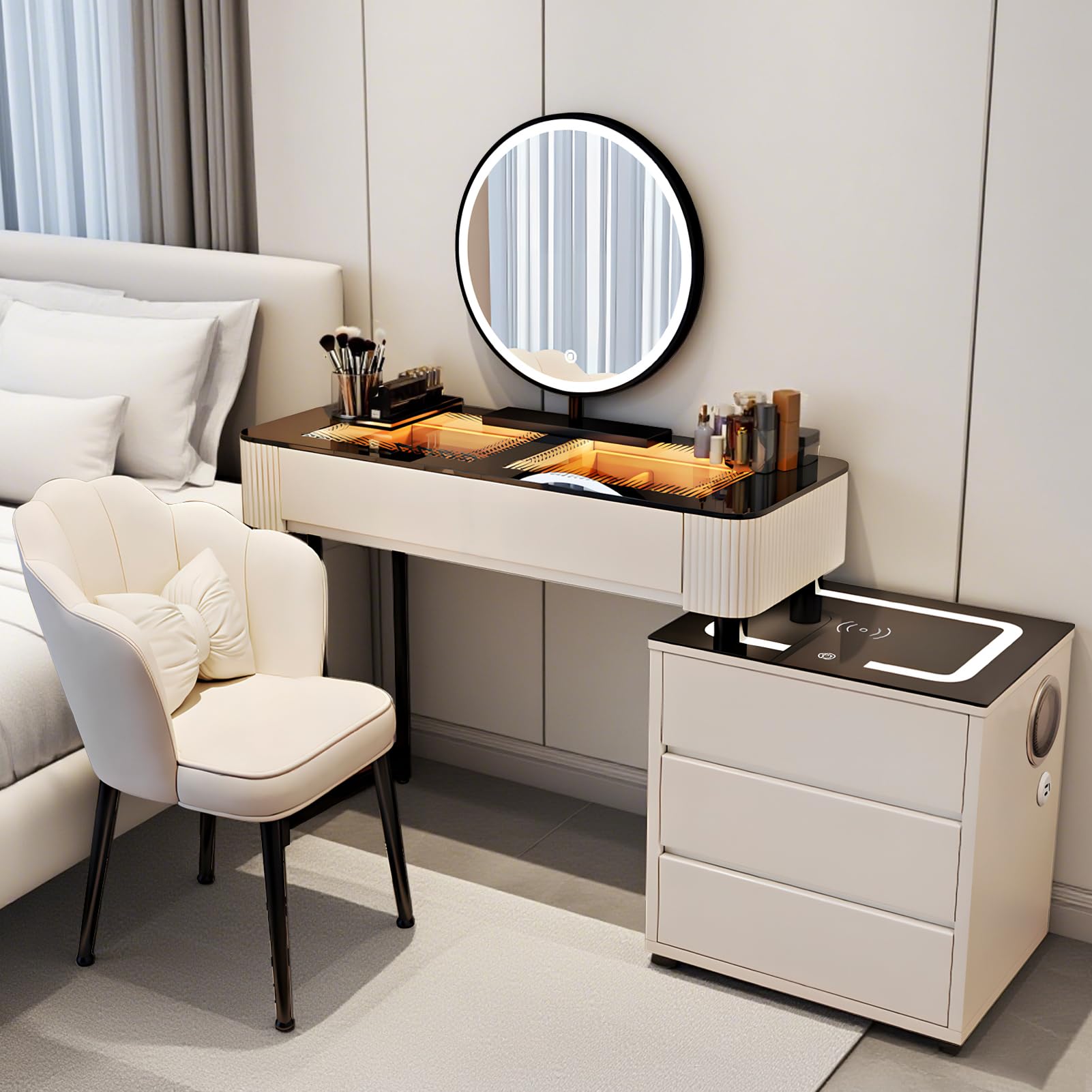 Glass Top Vanity Table with Mirror and Lights, White/GreyVanity Dressing Tables with Drawers - Makeup Table with Charging Station Dresser Table with Chair Bedroom Makeup Vanity Desk (White, 80CM)