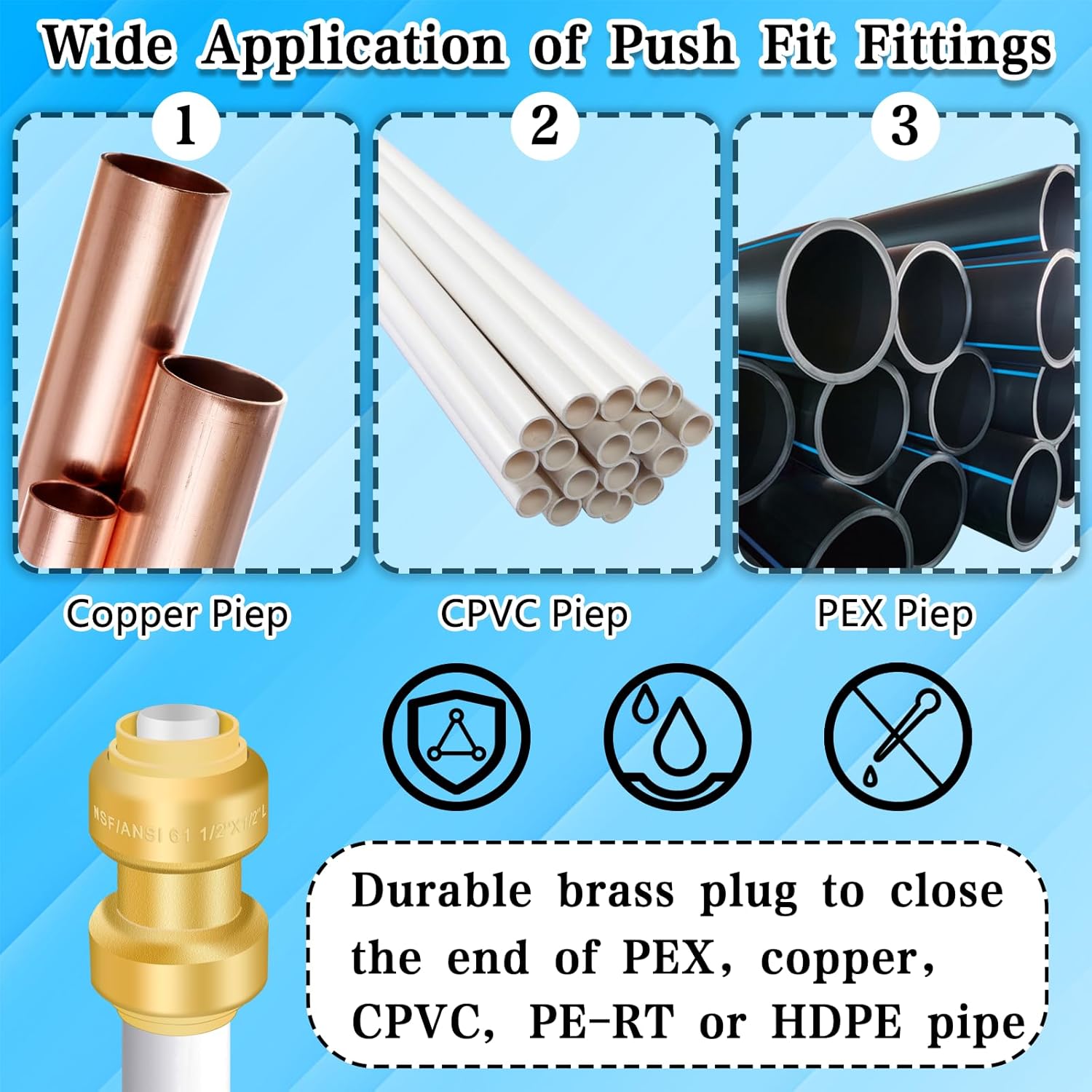Boltigen Plumbing Fittings 1/2 inch, 6pack No Lead Brass Push Fit to Connect Couplings, 2pcs Straight, 2pcs 90 Degree Elbows, 2pcs Tee, with Disconnect Clip, for Connecting Copper, PEX, CPVC