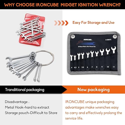 Miniatura 6 de Juego de llaves pequeñas, juego de llaves combinadas enana, 10 piezas, métricas, 0.236-0.394 pulgadas, ligero, con bolsa rodante para mantenimiento