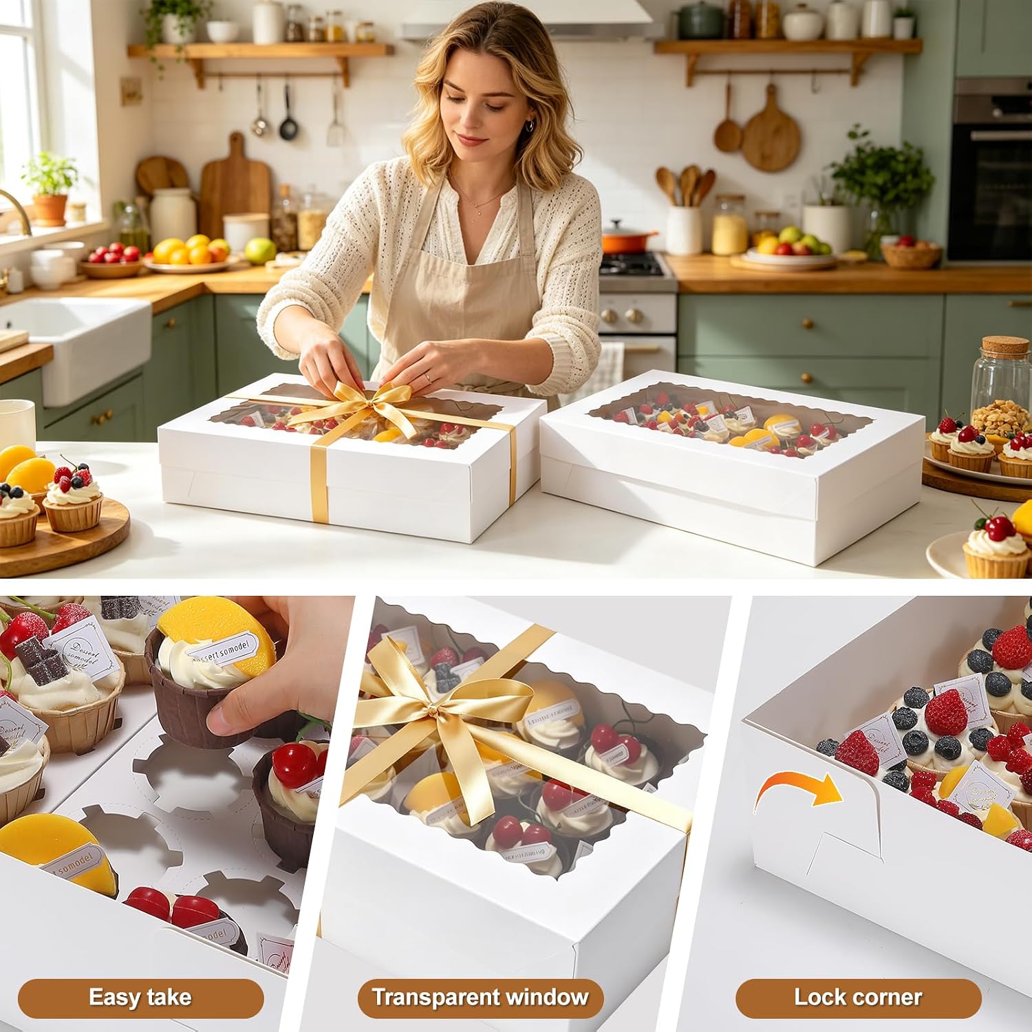 2 Pack 24 Count Standard Cupcake Boxes with Window & Inserts White | Cupcake Containers Bakery Box for Standard Muffins, Pastry Dessert for Birthday Party, Wedding, Baby Shower-17.5x11.5x4 Inch
