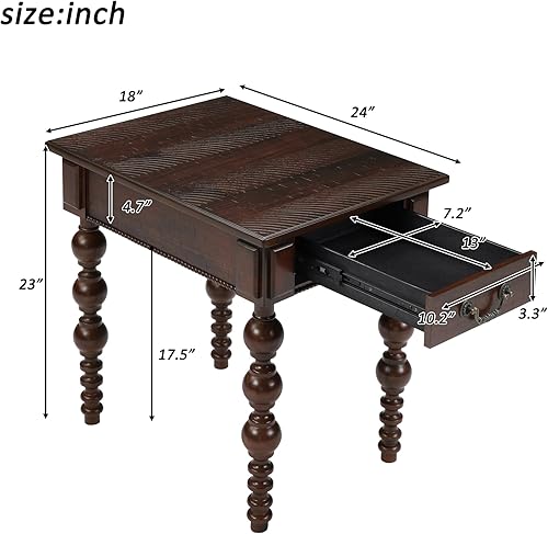Miniatura 3 de Homora Mesa auxiliar rectangular de madera con cajón de almacenamiento, mesa de sofá estrecha vintage con patas de madera maciza en forma de