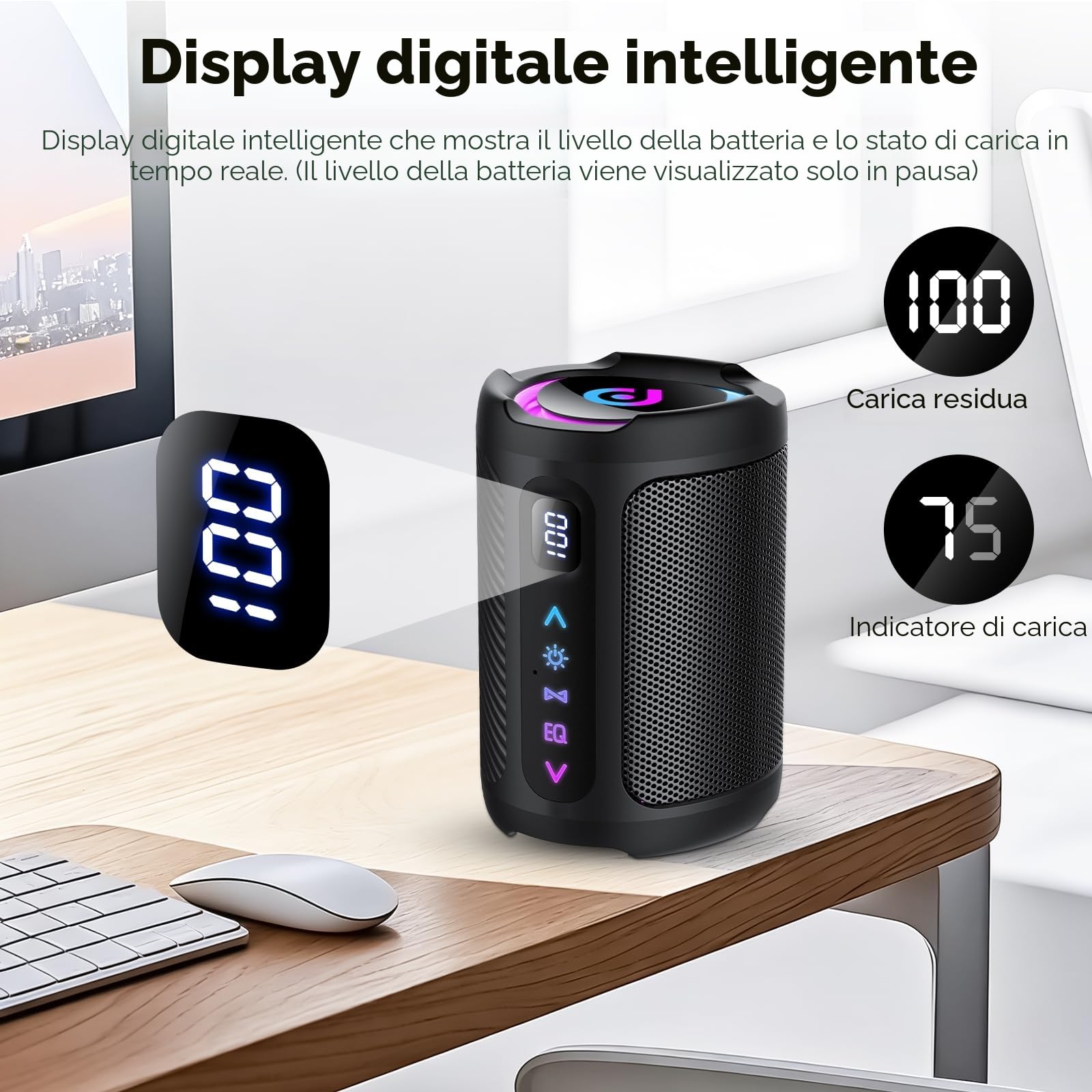 Cassa Bluetooth Portatili senza fili con luce LED, Display Digitale Intelligente+Smart EQ, Altoparlante Bluetooth Bassi Potente, Bluetooth 5.4, Speaker da Esterno per Viaggi, Sport, Feste, Ciclismo