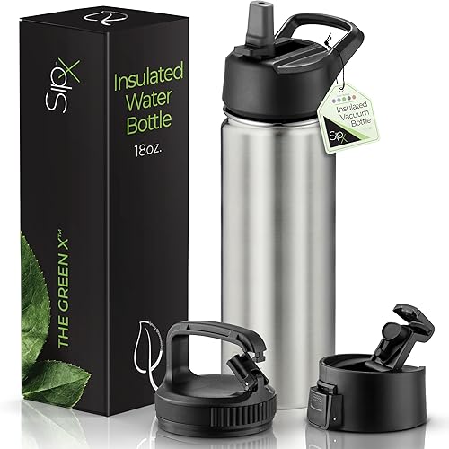Miniatura 12 de SipX™ - Botella de agua de acero inoxidable de 40 onzas con triple aislamiento térmico, 3 tapas, reutilizable y sin bisfenol A, mantiene las bebidas