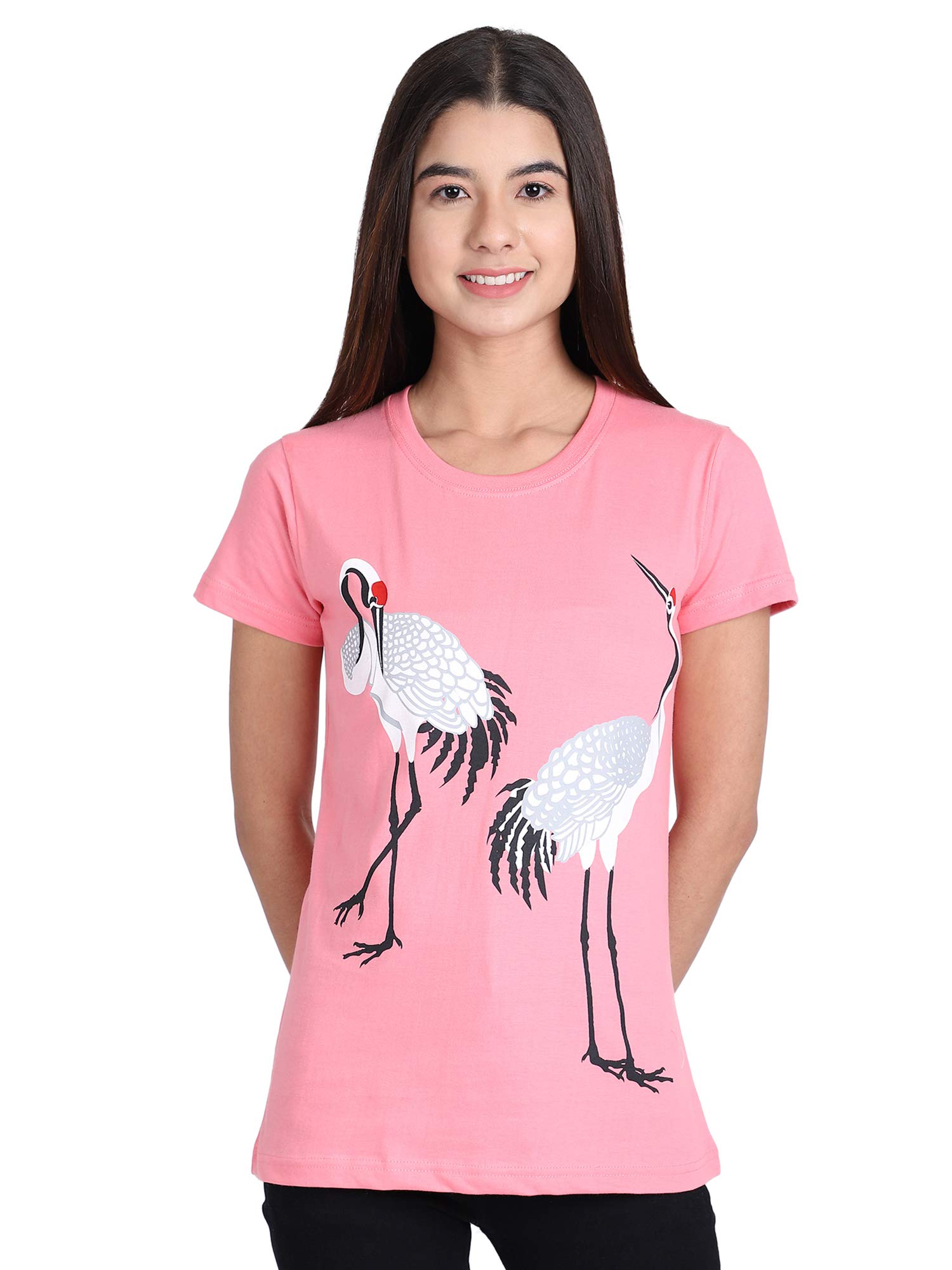 OBOW Women's pink cotton printed short sleeved round neck tshirt