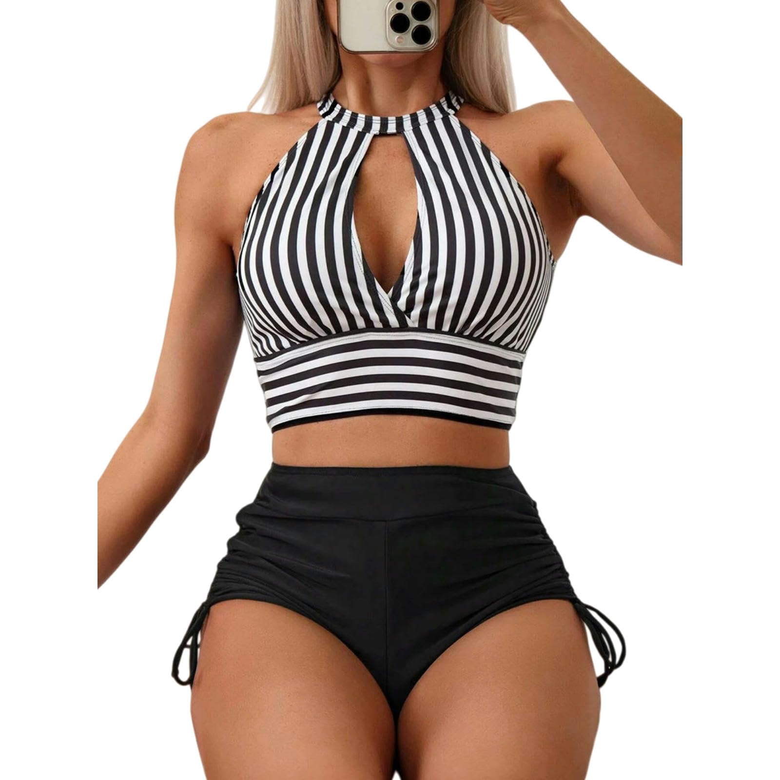 Bikini Taille Haute Anti-Complexes à Rayures : Maintien et Confort Découpe XL