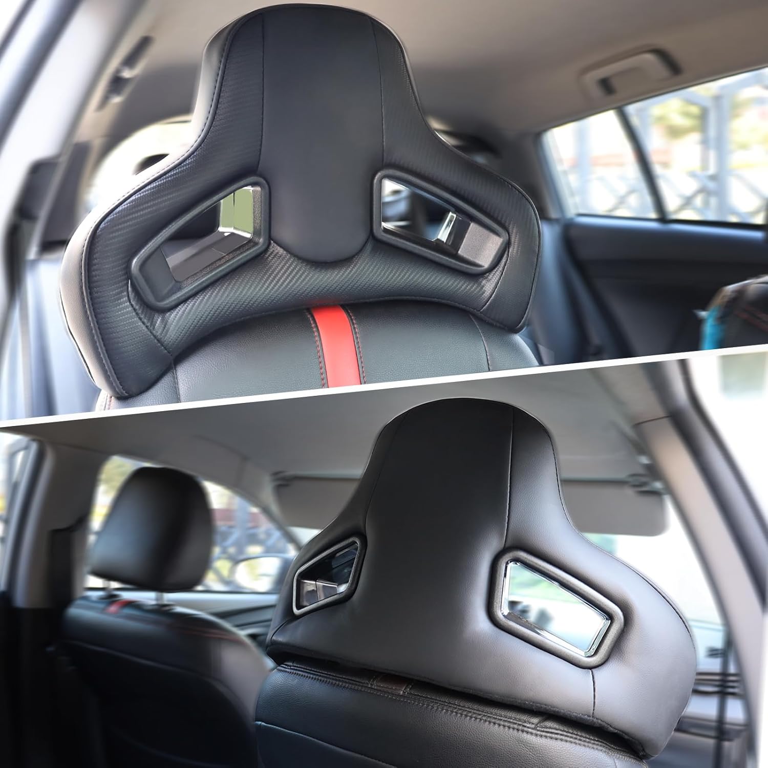 FREEMOTOR802 19.5 x 13.4″ Racing Seat Headrests, Post Diameter 0.39″, Spacing 5.91″, Sport Headrest Inserts Factory Seats Upgrade, 4 Point Harness Compatible, Black Carbon Fiber Look, 1-Pair