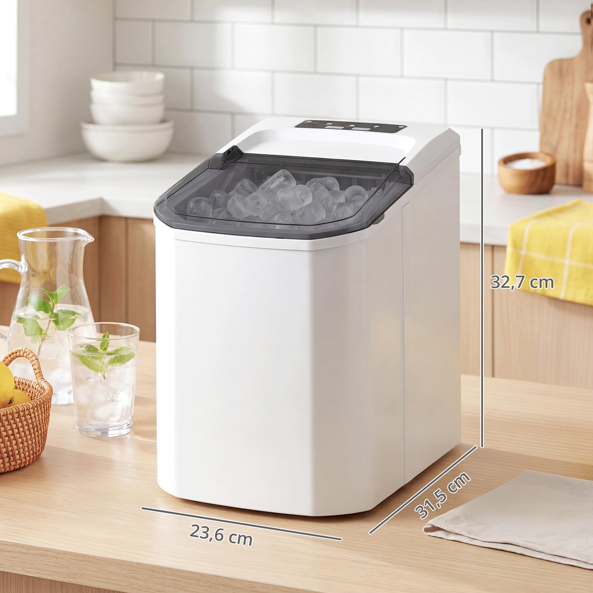 HOMCOM Máquina de Hielo, Máquina de Cubitos de Hielo Autolimpiable, 12 kg/24H, 9 Cubitos Listos en 7 Minutos, 2 Tamaños de Hielo, 1,5L Depósito, para Hogar, Cocina, Oficina, Bar, Blanco — view 7