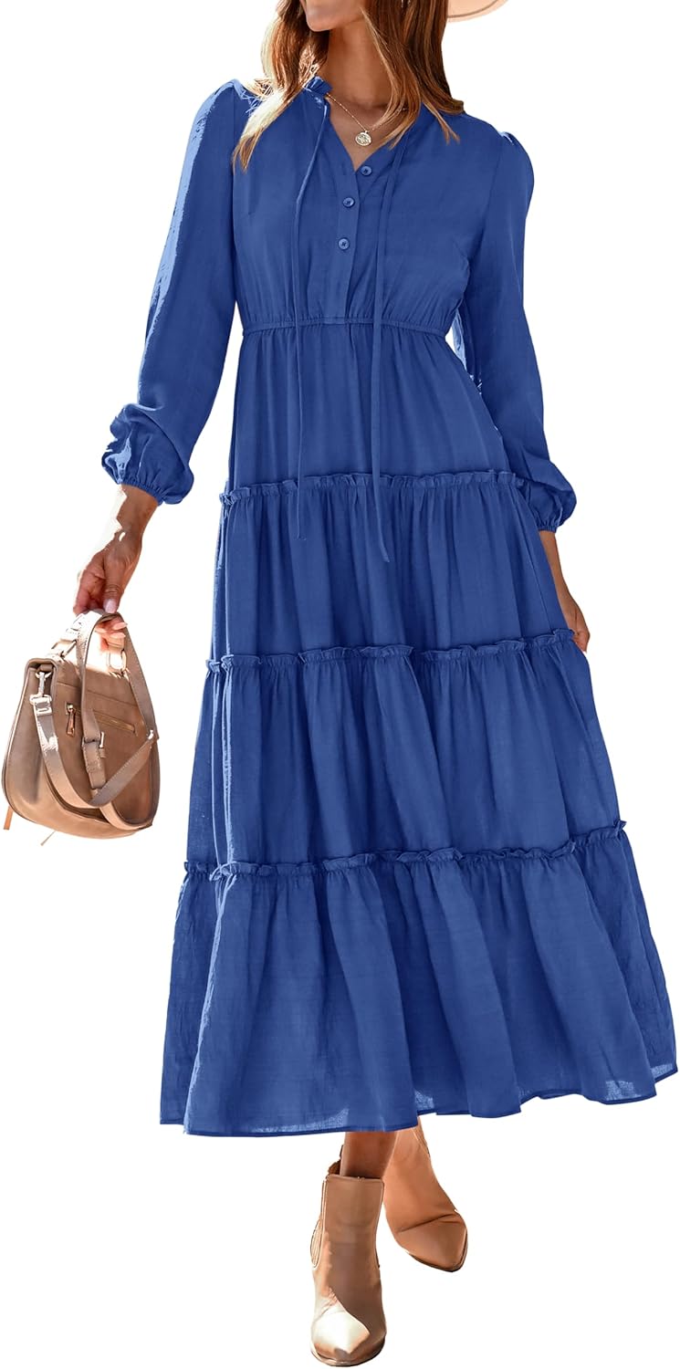 MASCOMODA Fall Long Sleeve Maxi Dresses for Women 2025 Casual Boho Button Ruffle Neck Tiered A Line Flowy Wedding Guest Dress