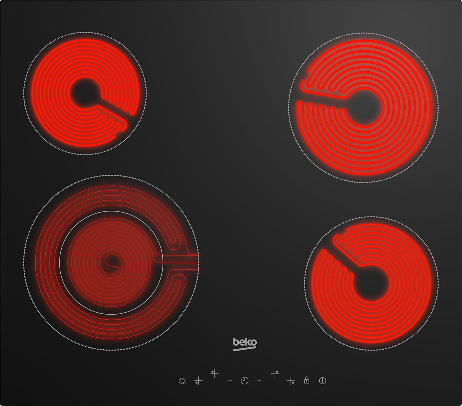 Beko HIC64402E ceramic hob with heating elements glowing red, indicating active cooking zones.