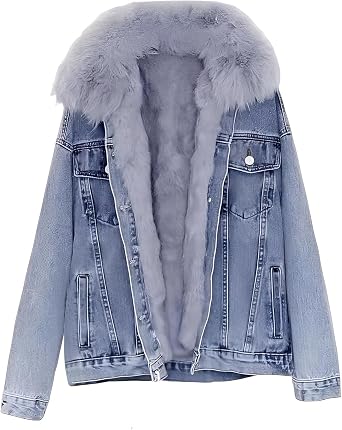 BININBOX Womens Denim Jacket Thickened Distressed Coat with Faux Fur Collar Warm Fleece Lined Parka Casual Winter Outerwear