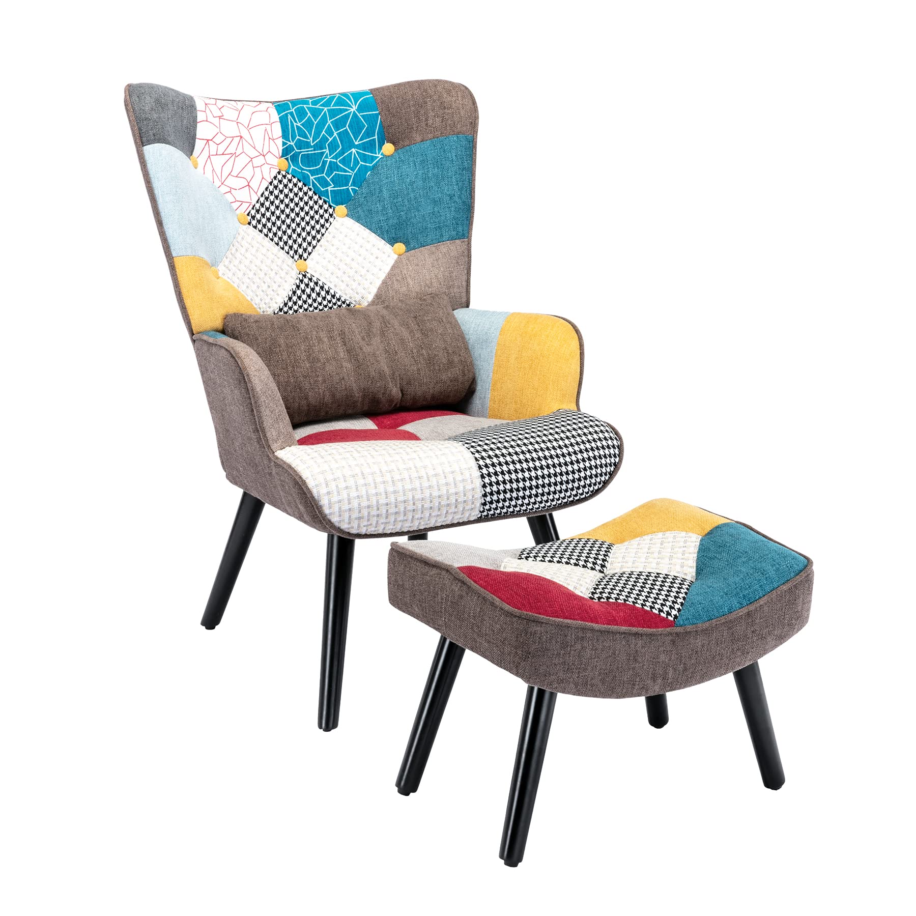Sillón Orejero Patchwork con Reposapiés y Cojín Lumbar, Marrón | Patas de Madera Maciza, Tela de Lino y Diseño Ergonómico, Butaca de Lectura para Salón y Dormitorio, Soporta hasta 150 kg