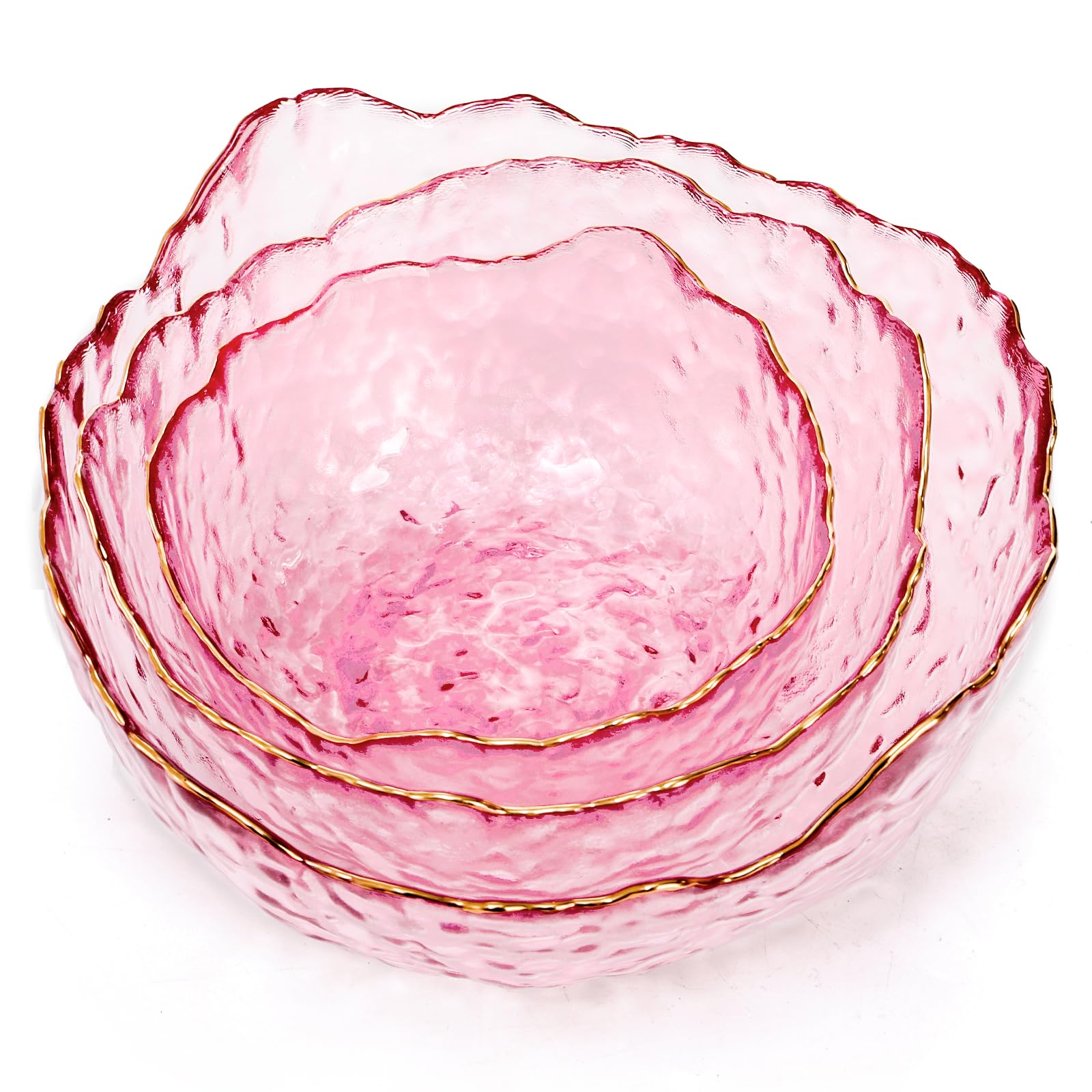 ZEAYEA Set of 3 Glass Salad Bowls, Pink Serving Bowls for Kitchen Prep, Decorative Large Candy Bowl, Irregular Shape Space Saving Nesting Set for Salad, Fruit, Snack, Dessert