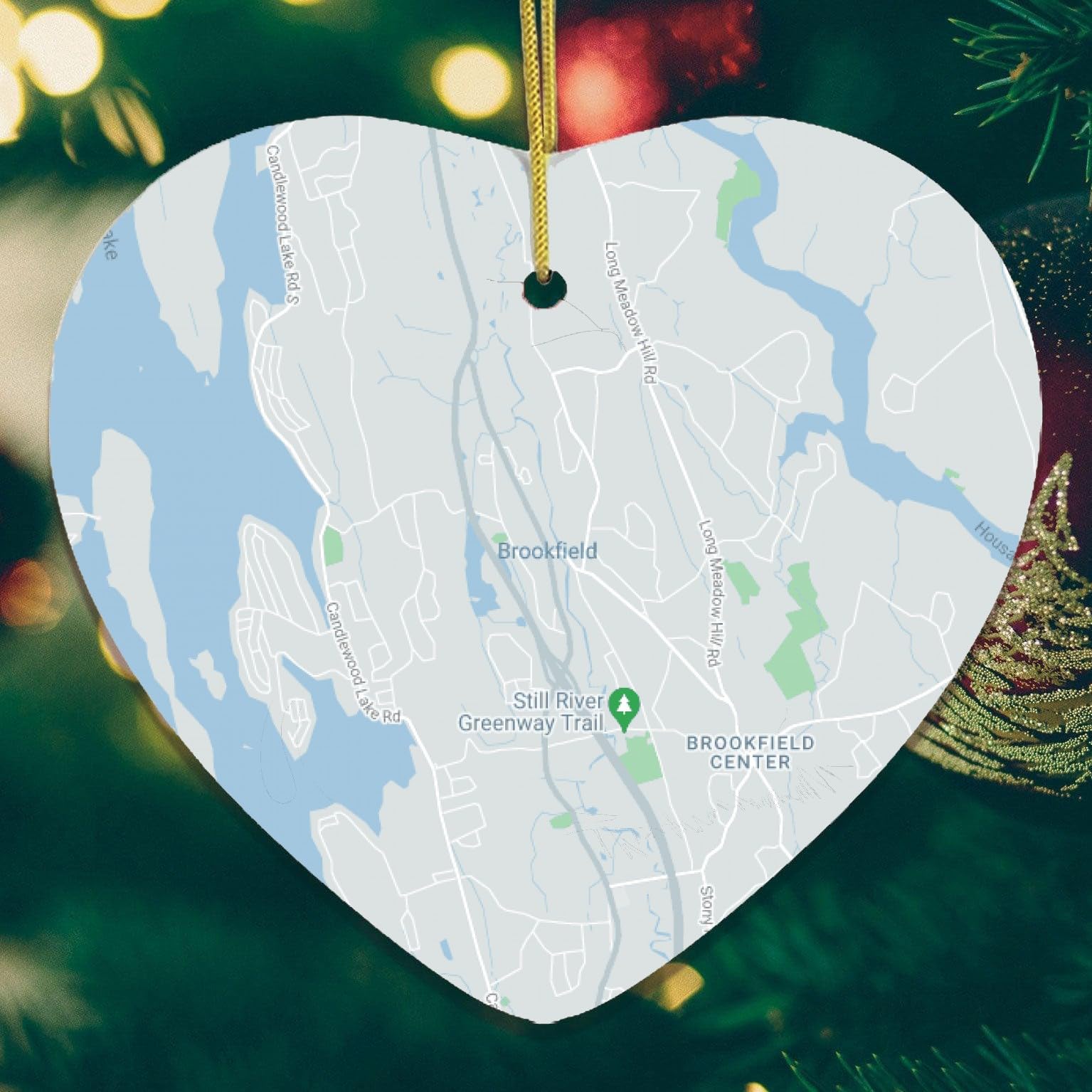 Brookfield Connecticut Ornament Map, Custom City Map Heart Christmas Ornament, Retro Skyline Vintage Map Long Distance College Going Away Study Abroad Gift - MDF 2.75" White