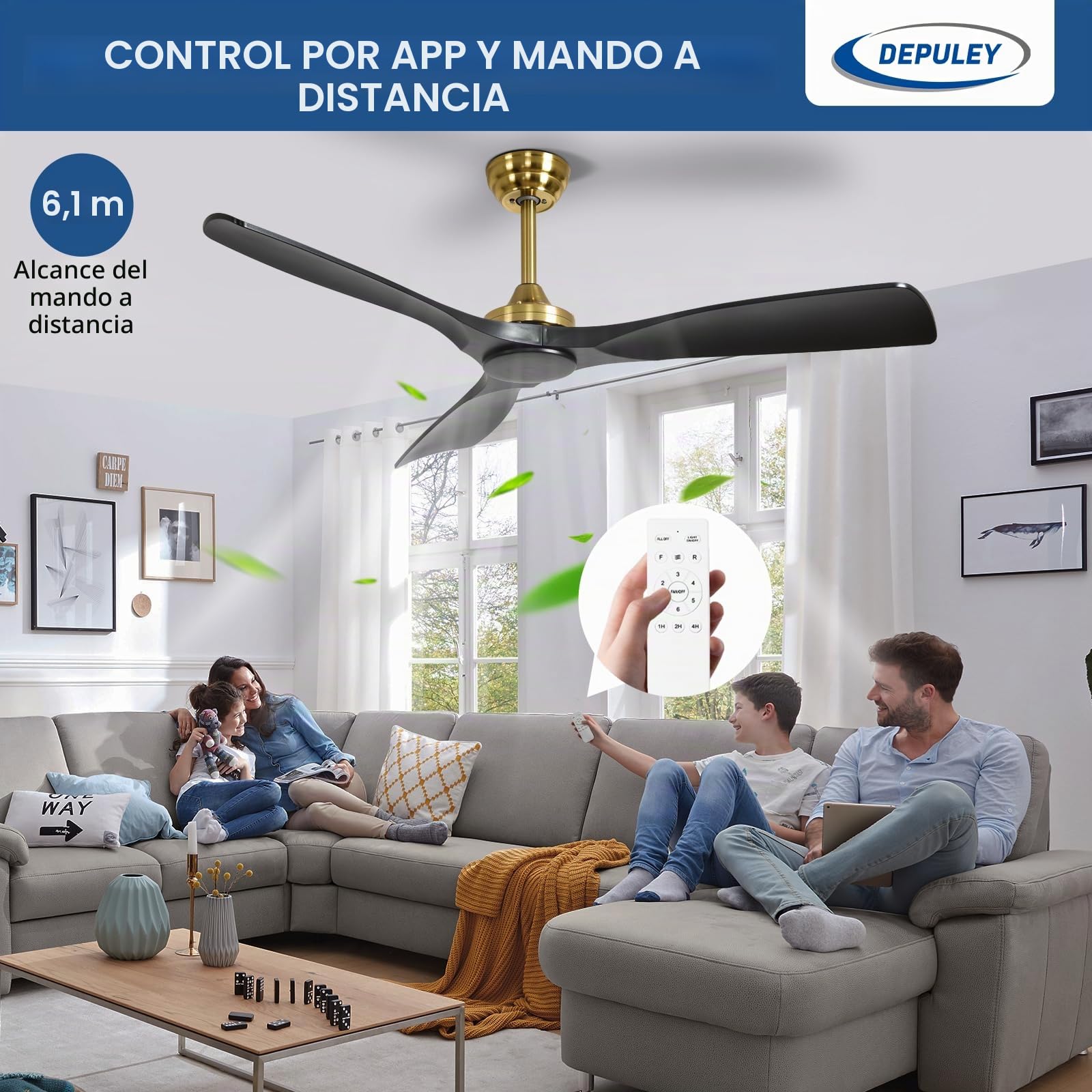 Depuley Ventilador de techo sin luz: Ventilador de exterior de 52 pulgadas con control remoto por para porches y terrazas - Ventilador de techo Black Gold sin luz, reversible, 6 velocidades