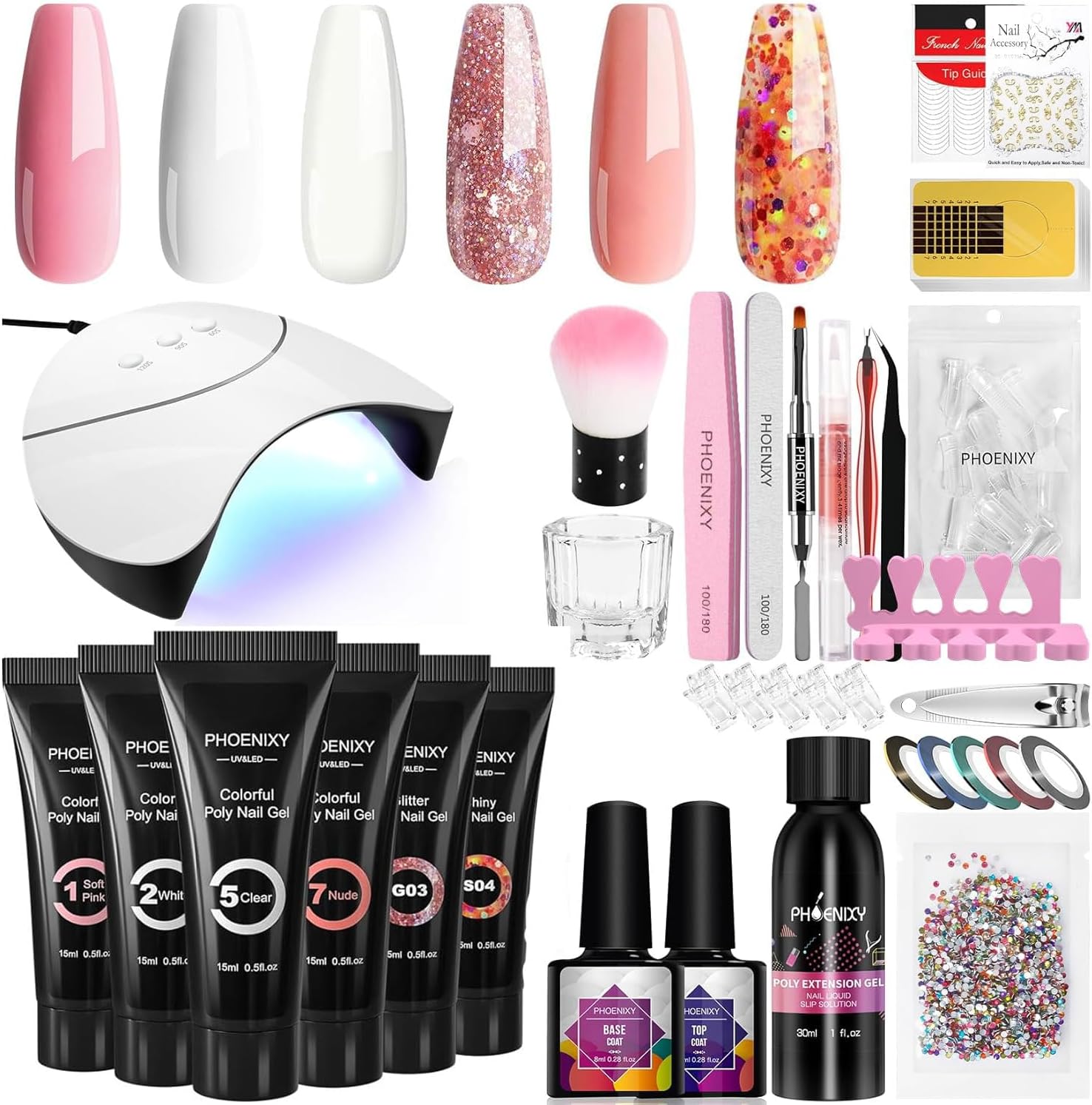 Phoenixy Gel Nail Gel Kit - 6 Colors, UV LED Lamp, Nail Extension Tools - Nude, Pink, Red, Orange, Glitter, White - Starter Kit for Women