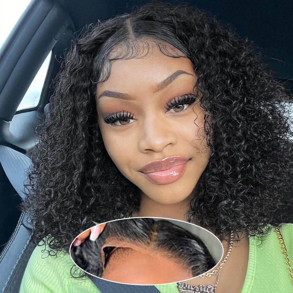 Amygirl Wear and Go Glueless Human Hair Pre Plucked Pre Cut Bob 4x4 Deep Wave Lace Front Wigs 180% Density No Glue Human Hair Wigs for Black Women,
