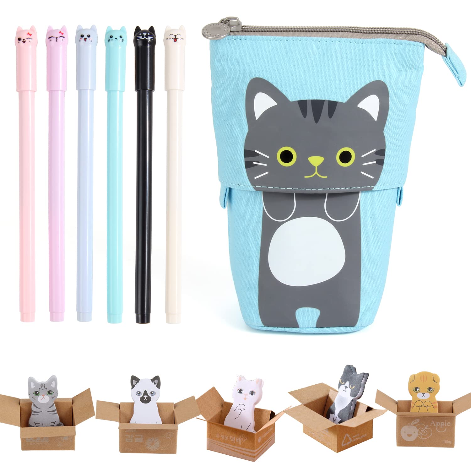 JSMTKJ Estuche de Lona para Lápices Estuche para Lápices Juego de Papelería Gato Estuche Retráctil para Lápices con 6 Bolígrafos de Tinta Negra de 0,38 mm y 150 Etiqeutas de Página