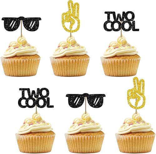 Miniatura 1 de Juego de 24 dos geniales adornos para cupcakes para 2º cumpleaños, purpurina dorada y negra con purpurina de feliz segundo cumpleaños para el