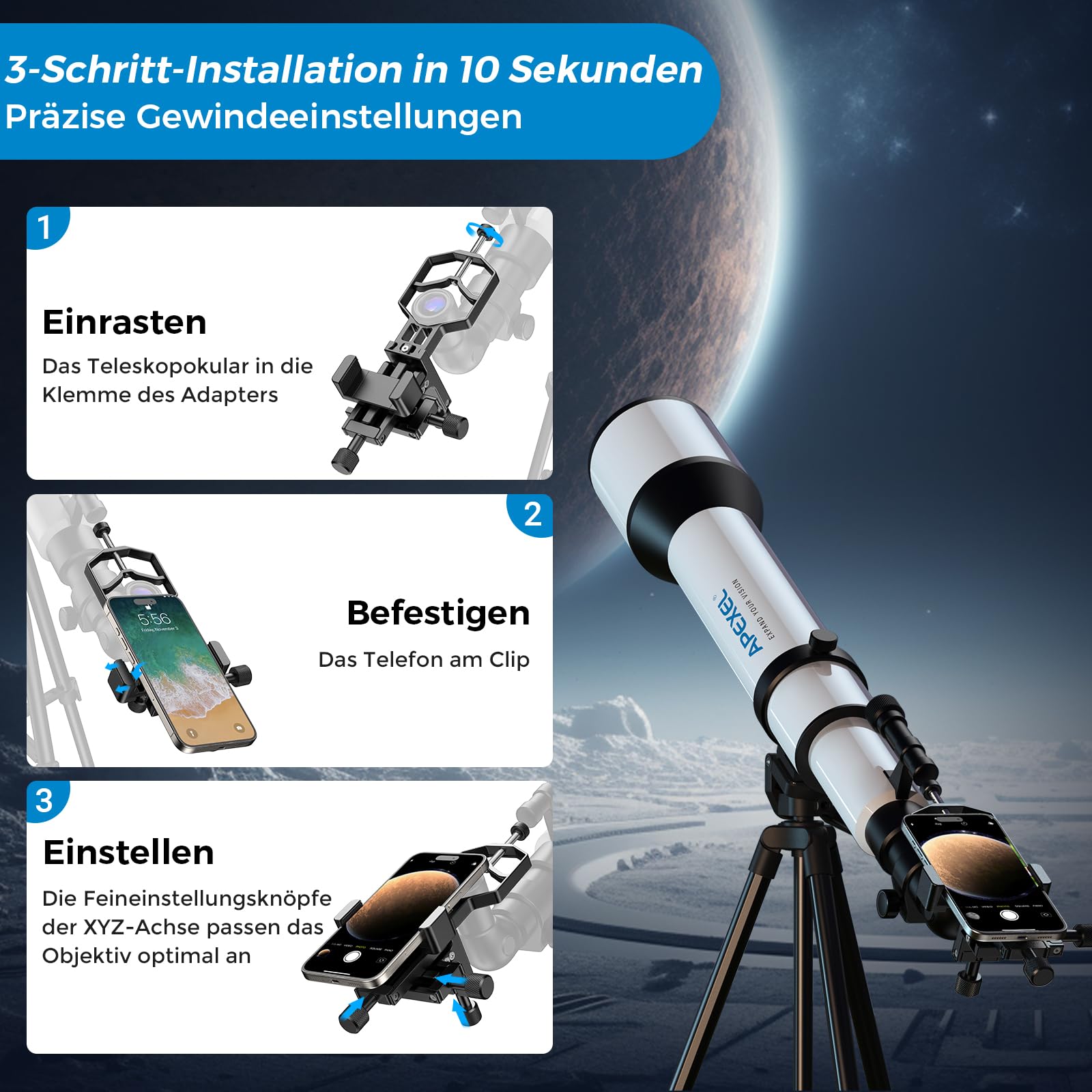 APEXEL 3-Achsen Metall Teleskop Handy Adapter XYZ-Achsen Hochpräzisions Fotoadapter für Ferngläser Monokular Mikroskop