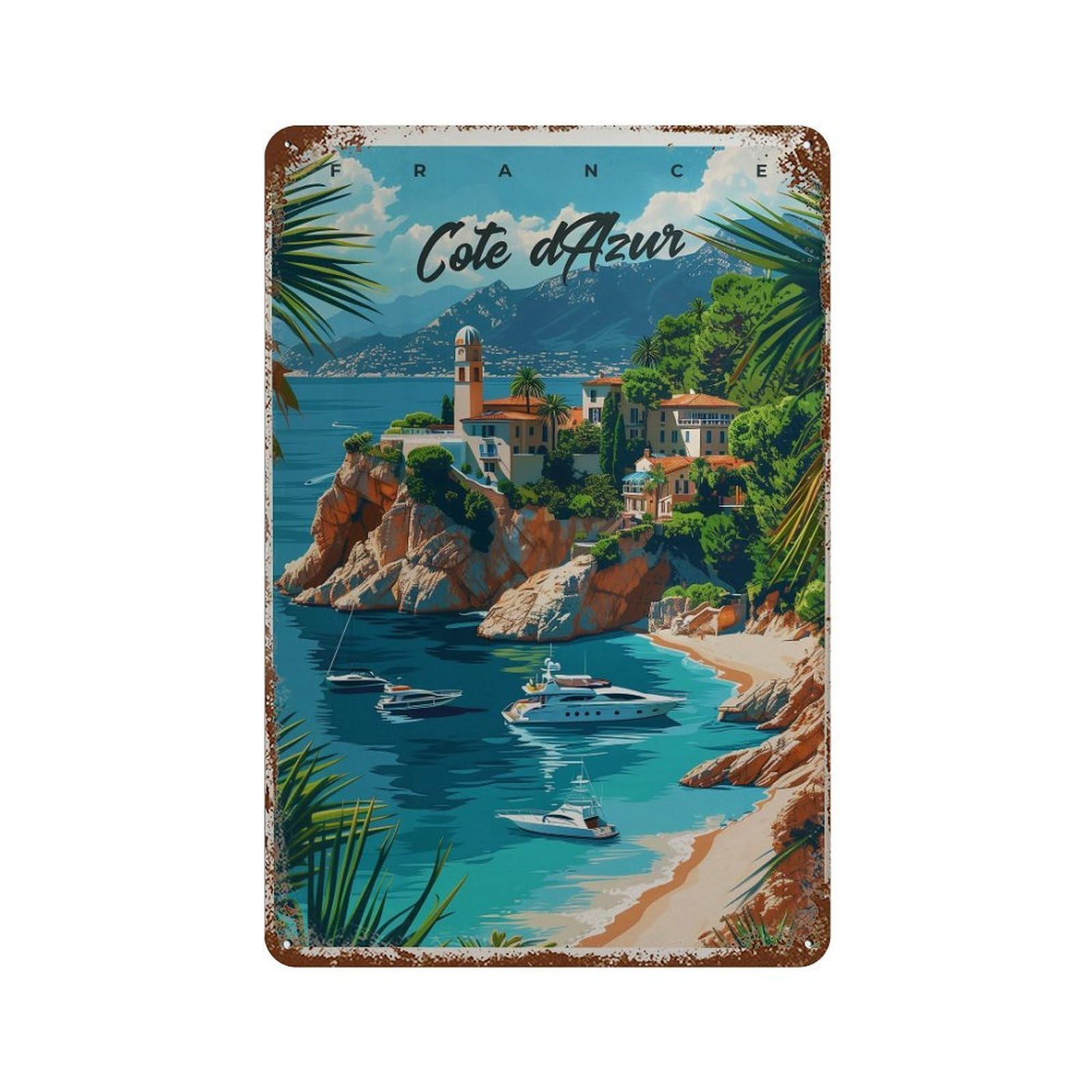 xiaoxiaoshen Cote D;Azur French Riviera Travel Wall Decor Art Metal Tin Poster Modern Home Decor Art Home Bar Shop Decorations Vintage Sign 30x20cm