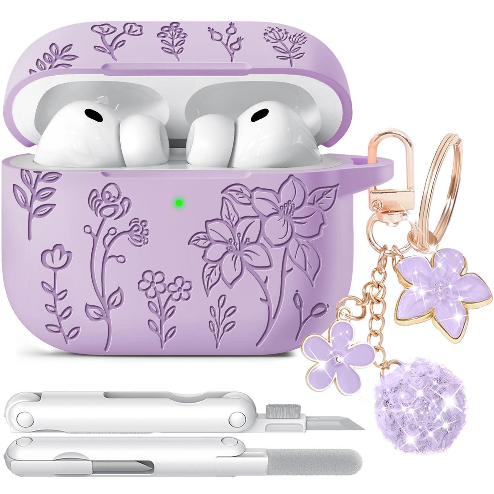 for Airpods Pro 3 Case, Flower Engraved Case Cover Compatible with AirPods Pro 3rd Generation 2025, Soft Silicone Cases with Cute Keychain &amp; Cleaner for Women Girly, Shockproof