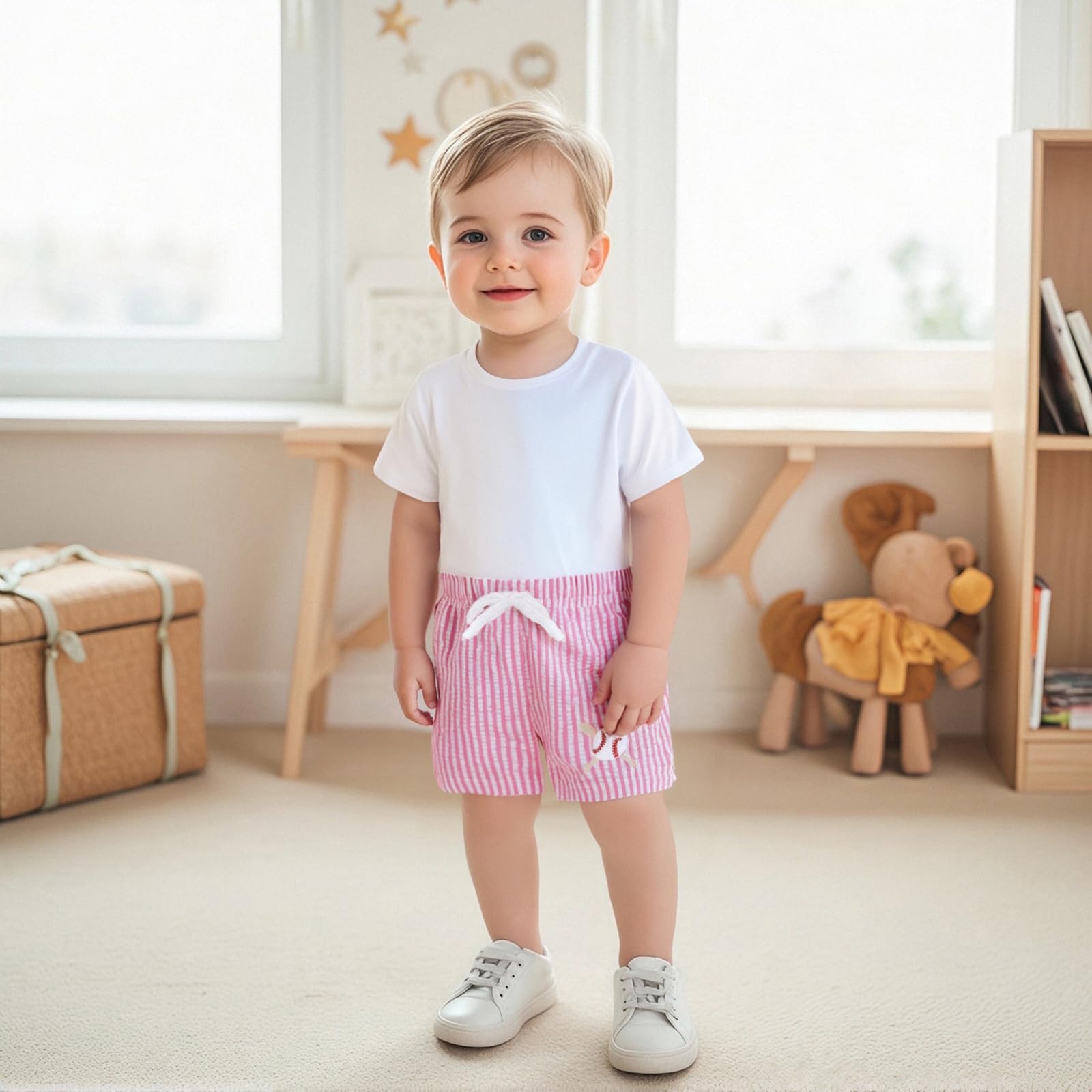 Motlapol Toddler Boy Girl Seersucker Shorts Golf Cart/Tractor/Football/Baseball Embroidery Boxer Shorts Striped Linen Bottoms (Pink Baseball, 6-12 Months)