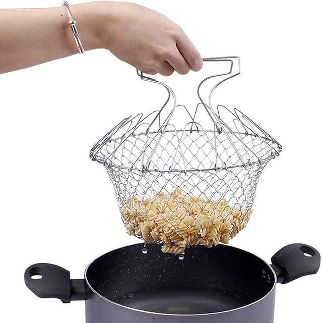 SacJkt Collapsible Colander, Foldable Frying Basket, Chip Basket for Frying, Stainless Steel Cooking Strainer for Filtering of French Fries and Other Foods