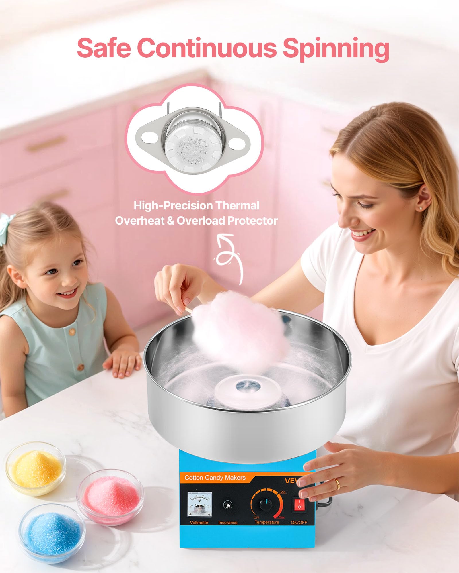 VEVOR Macchina Zucchero Filato Commerciale, Elettrodomestici per Zucchero Filato da Cucina Potenza Totale 1000 W con Ciotola in Acciaio Inox da 38 cm, Feste Eventi Carnevale, Blu