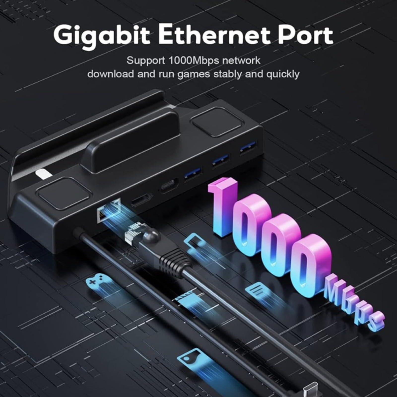 Docking station Gigabit Ethernet 4K60 per Steam Deck e per ROG, Hub di ricarica rapida con design ABS compatto 15x75x4cm per una configurazione di gioco coinvolgente nera