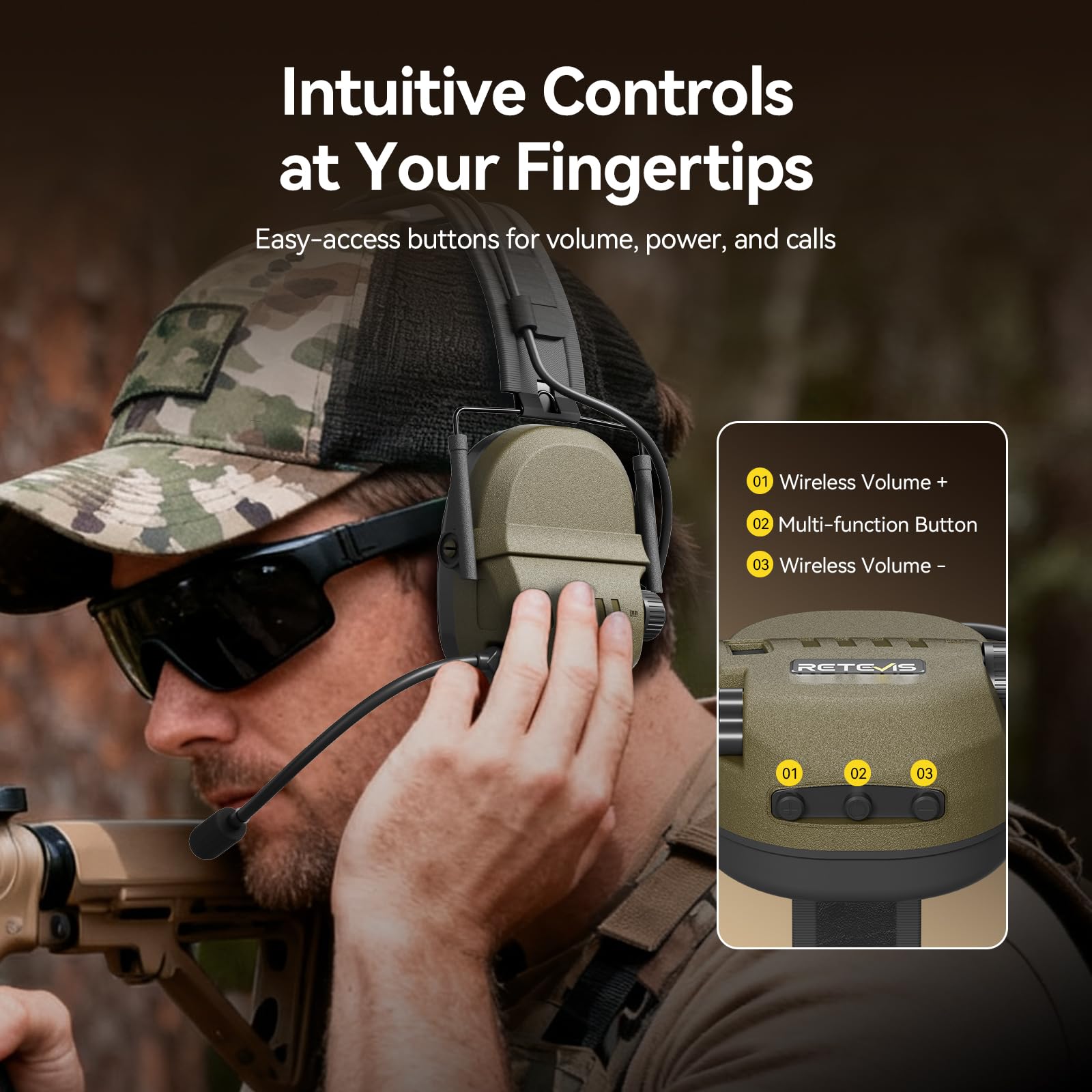 Retevis EH080K Taktisches Headset, Elektronisches Headset mit Geräuschunterdrückung und Tonaufnahme für die Jagd, Kabelloses Komfortables Kompatibel mit RT24, RT27, H777, RA89, RT85, RT86 (1 Stück)