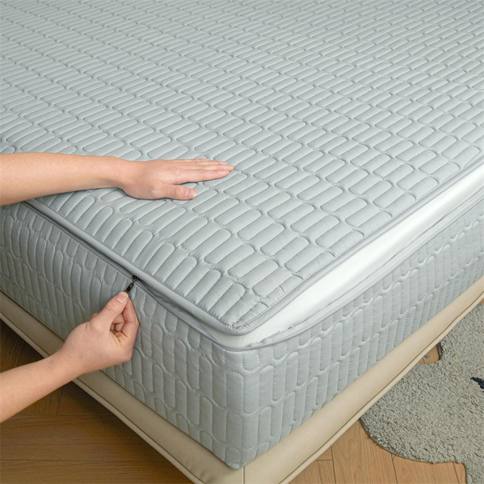 Zipped Quilted Mattress Protector Single Bed 90x190 Customizable Five-sided Quilted Mattress Cover Double/King Zip Up Bed Sheets Breathable Mattress Encasement Topper Fitted Sheet(80x190+15cm,Blue B) — image 1